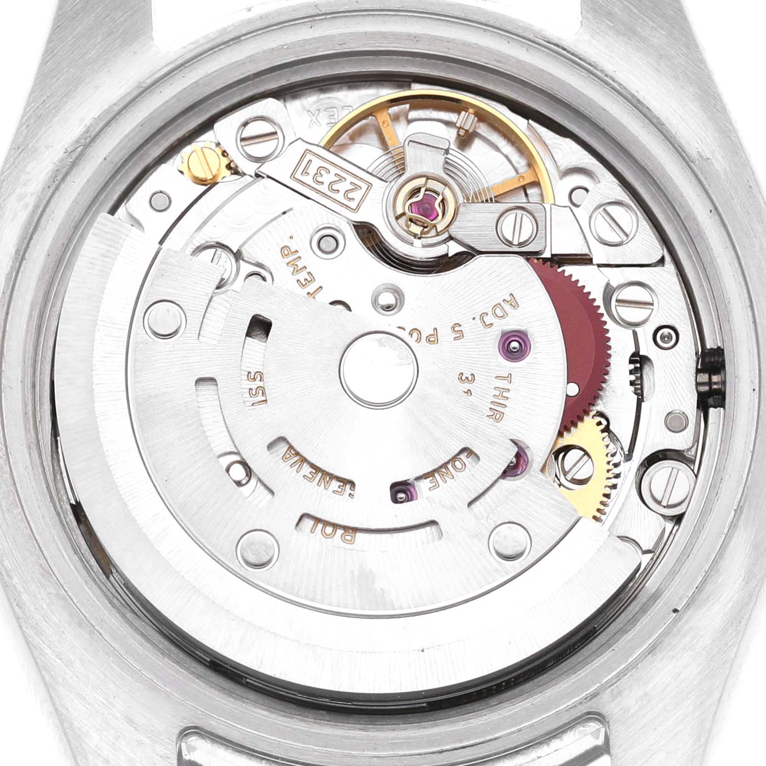 The image shows the movement of a Rolex Oyster Perpetual 176200 Women's Stainless Steel Black Dial watch from the back angle, highlighting gears and components.