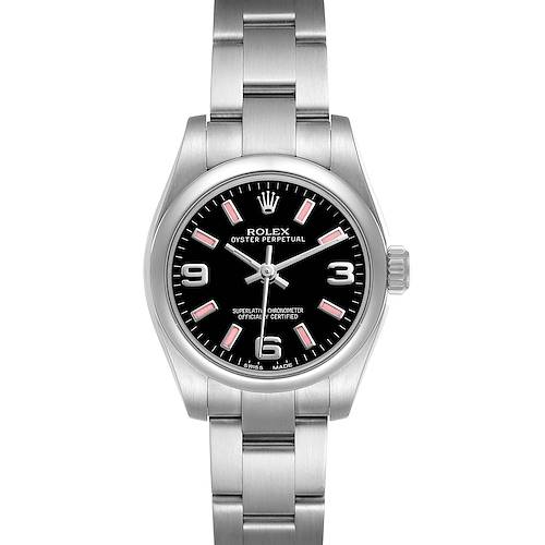 The Rolex Oyster Perpetual 176200 Women's Stainless Steel Black Dial watch is shown from a straight-on angle, highlighting the dial and bracelet.