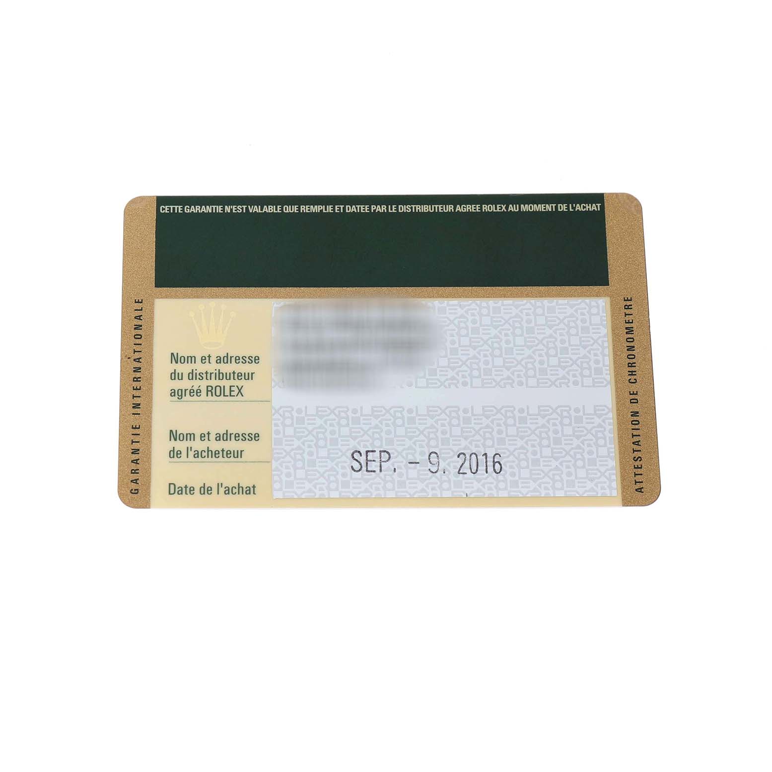 The image shows a warranty card for a Rolex Oyster Perpetual 176200 Women's Stainless Steel Black Dial watch with purchase details.