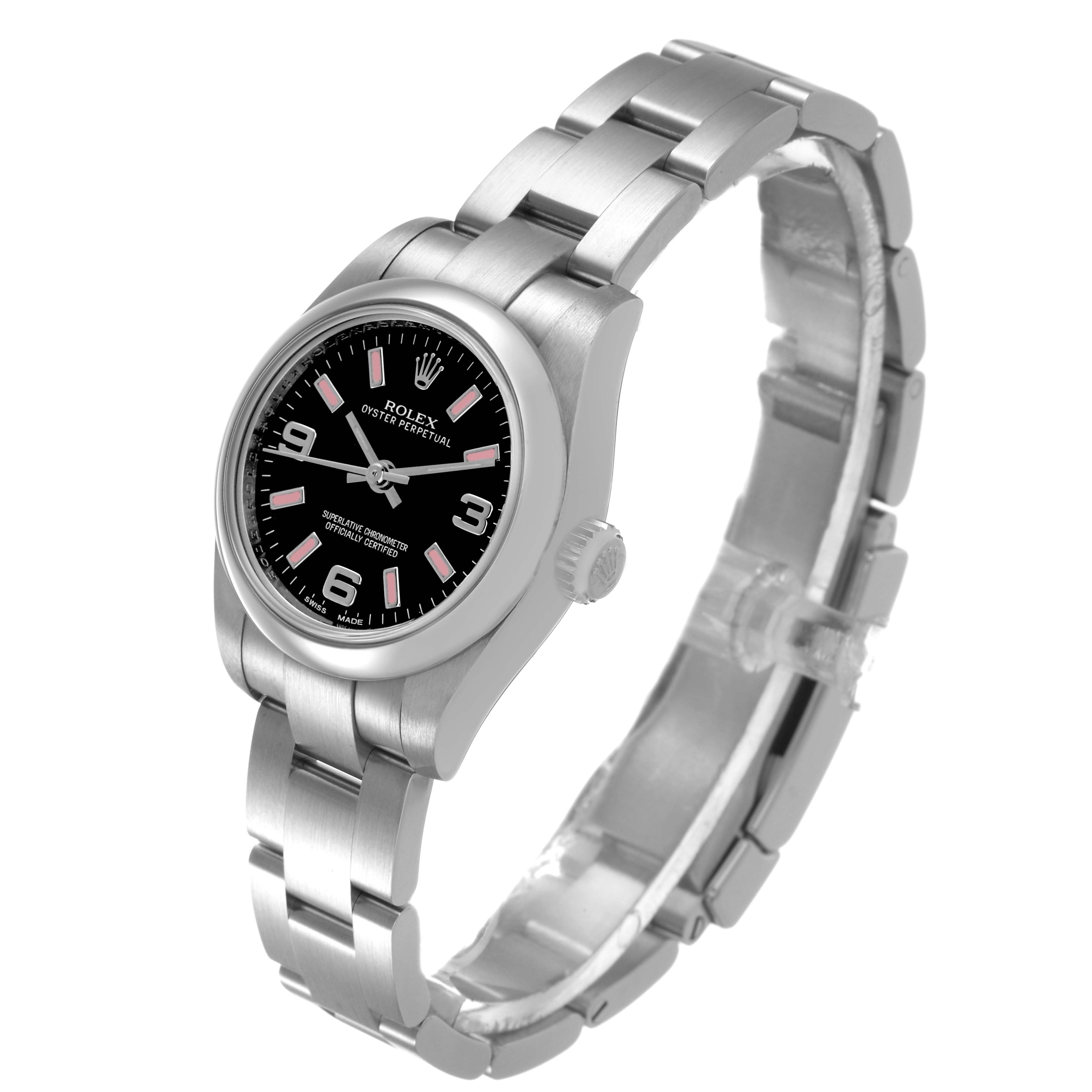 The Rolex Oyster Perpetual 176200 Women's Stainless Steel Black Dial watch is shown at a three-quarter angle, displaying its bracelet, case, dial, and crown.