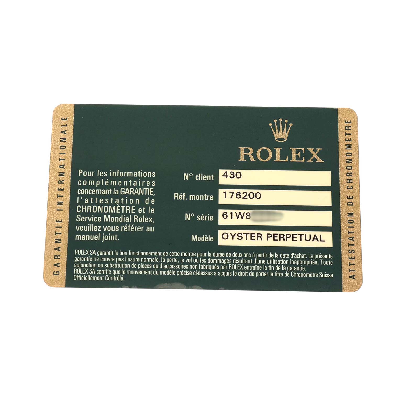 The image shows the warranty card for a Rolex Oyster Perpetual 176200 Women's Stainless Steel Black Dial watch, displaying model, reference, and serial numbers.