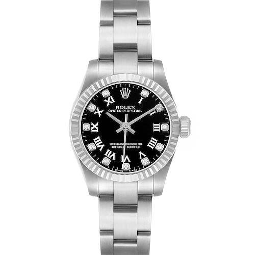 The Rolex Oyster Perpetual 176234 Women's Stainless Steel Black Dial watch is shown from a top-down angle, displaying the entire face, bezel, and part of the bracelet.