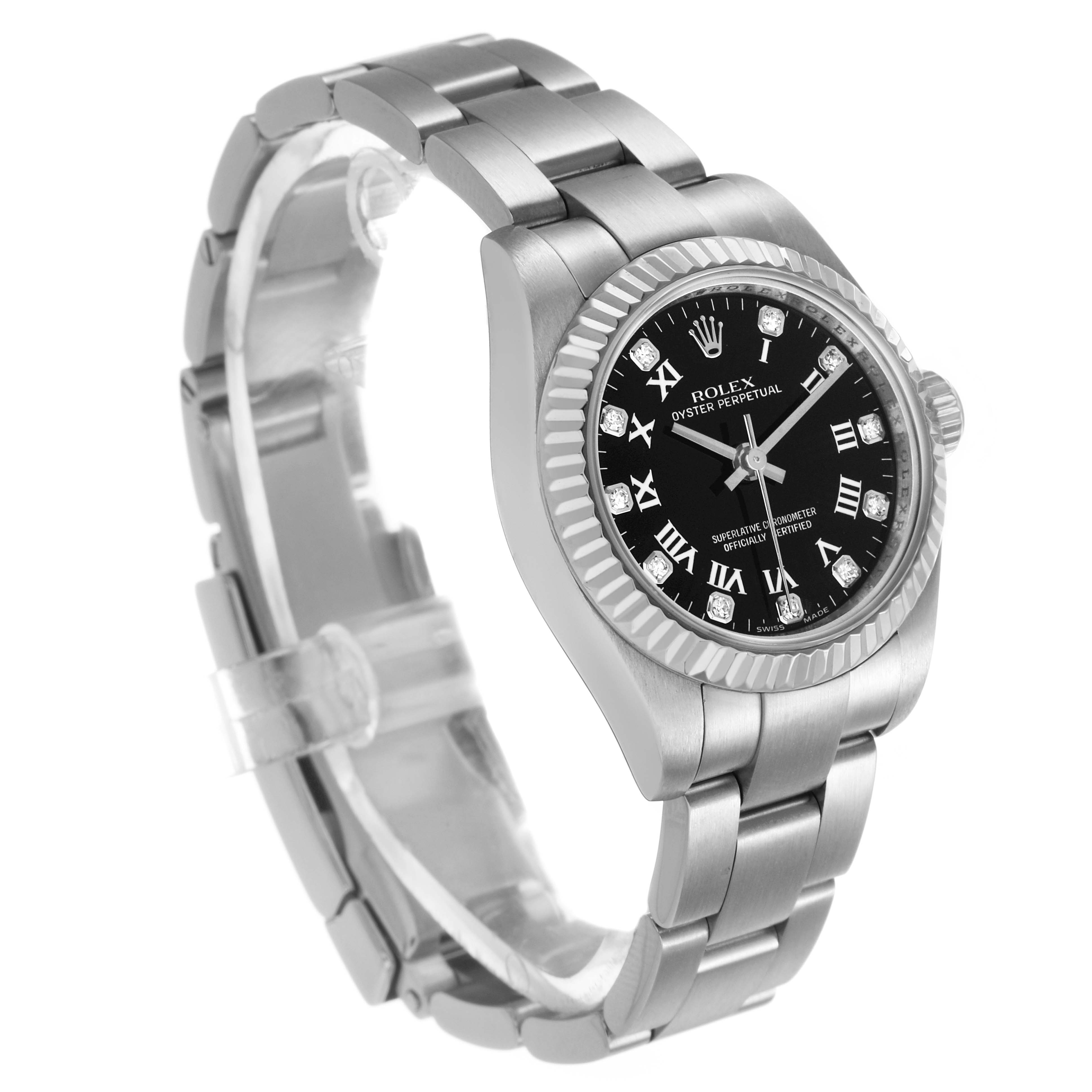 The Rolex Oyster Perpetual 176234 Women's Stainless Steel Black Dial watch is shown at an angle highlighting the face, bezel, and bracelet.