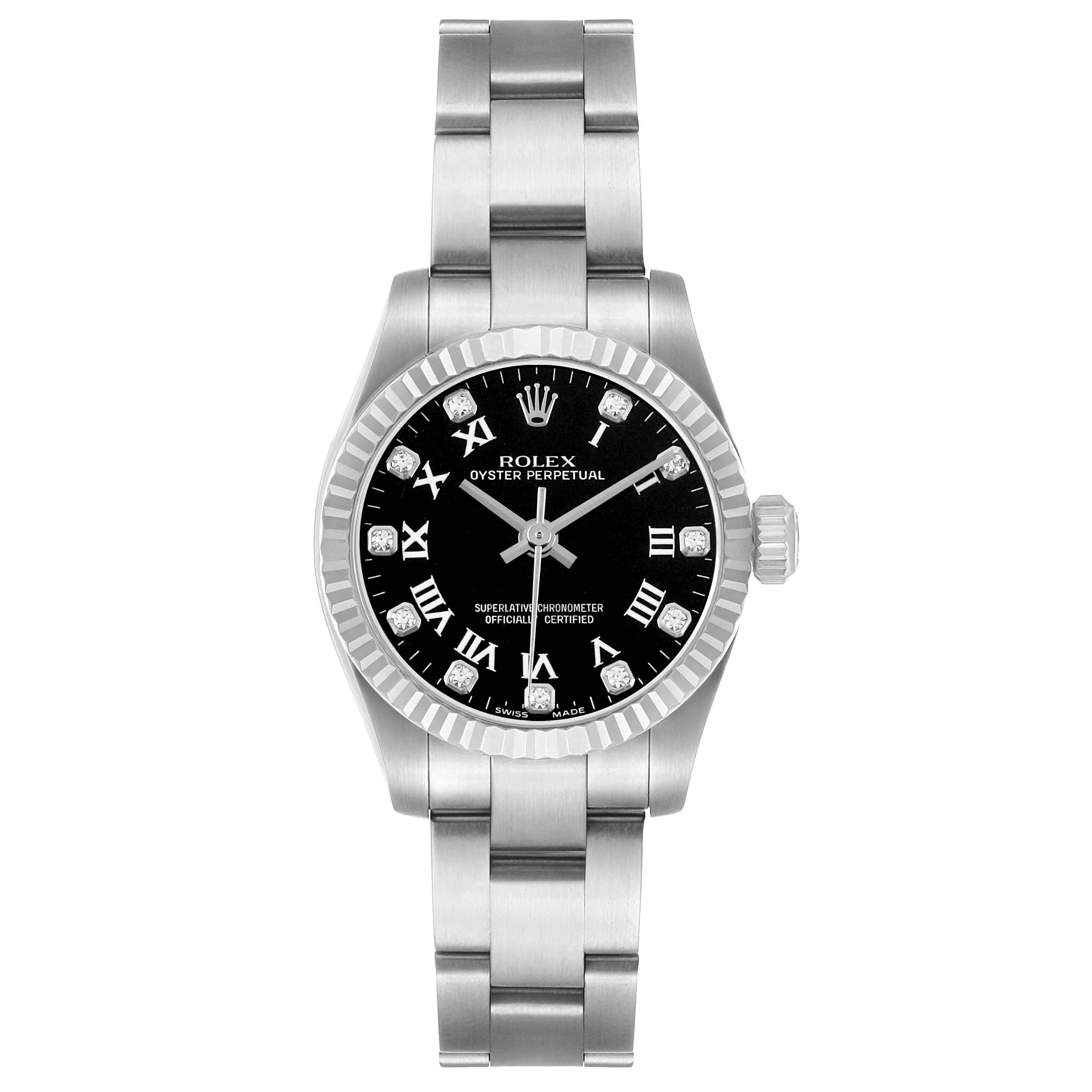 The Rolex Oyster Perpetual 176234 Women's Stainless Steel Black Dial watch is shown from a top-down angle, highlighting the bracelet, black dial, and bezel.