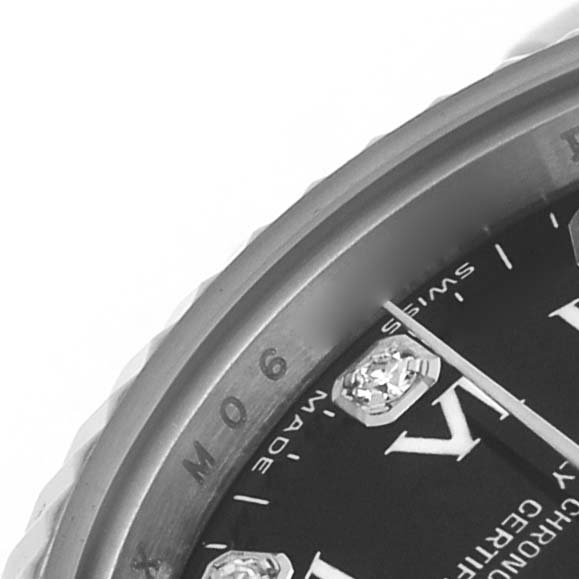The image shows a close-up of the dial and bezel edge of a Rolex Oyster Perpetual 176234 Women's Stainless Steel Black Dial watch, highlighting the hour markers.
