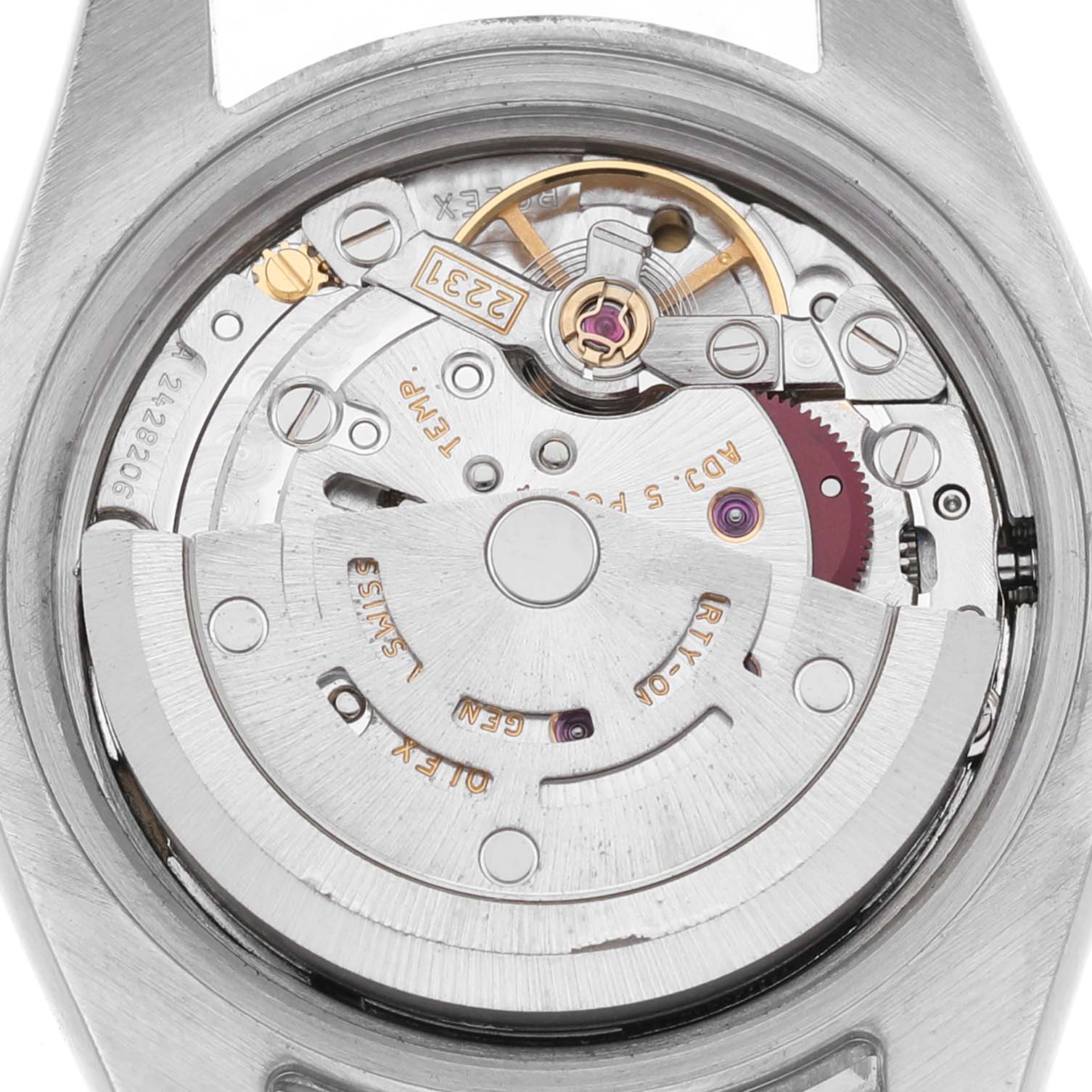 The image shows the movement and inner components of a Rolex Oyster Perpetual 176234 Women's Stainless Steel Black Dial watch from the back.
