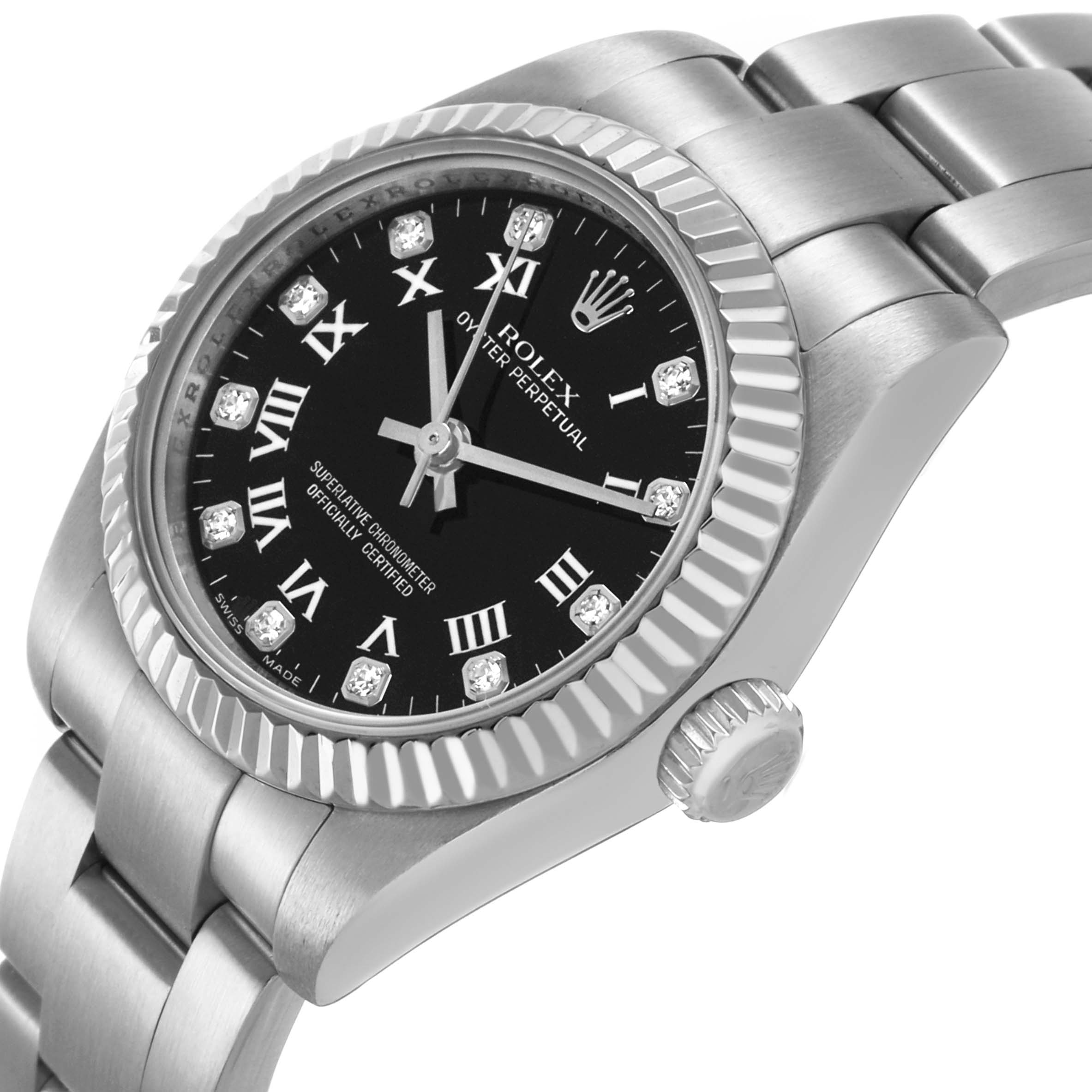 The Rolex Oyster Perpetual 176234 Women's Stainless Steel Black Dial watch is shown at a side angle, highlighting the bezel, crown, and part of the bracelet.