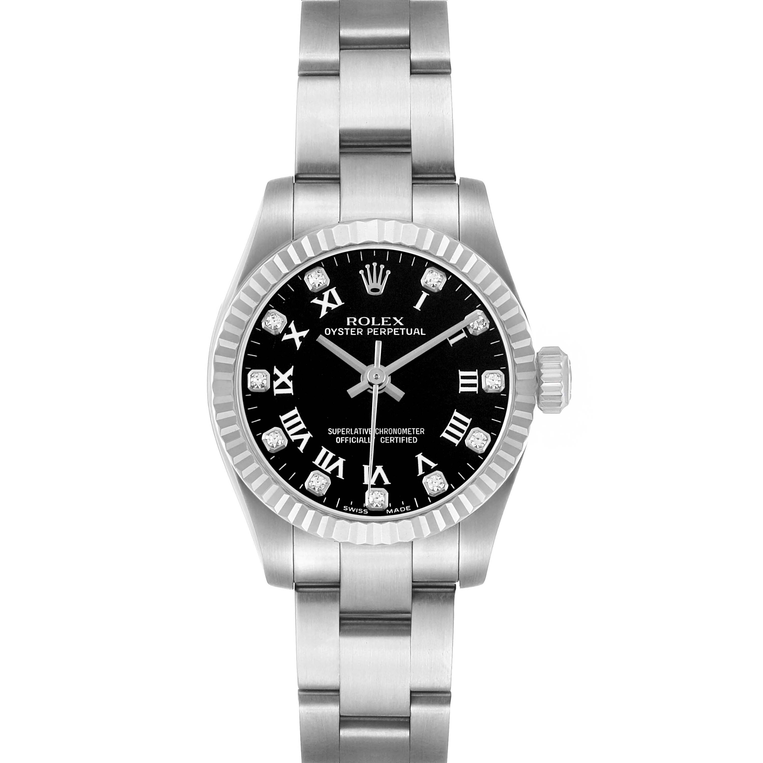The Rolex Oyster Perpetual 176234 Women's Stainless Steel Black Dial watch is shown from the front, displaying the dial, bezel, crown, and part of the bracelet.