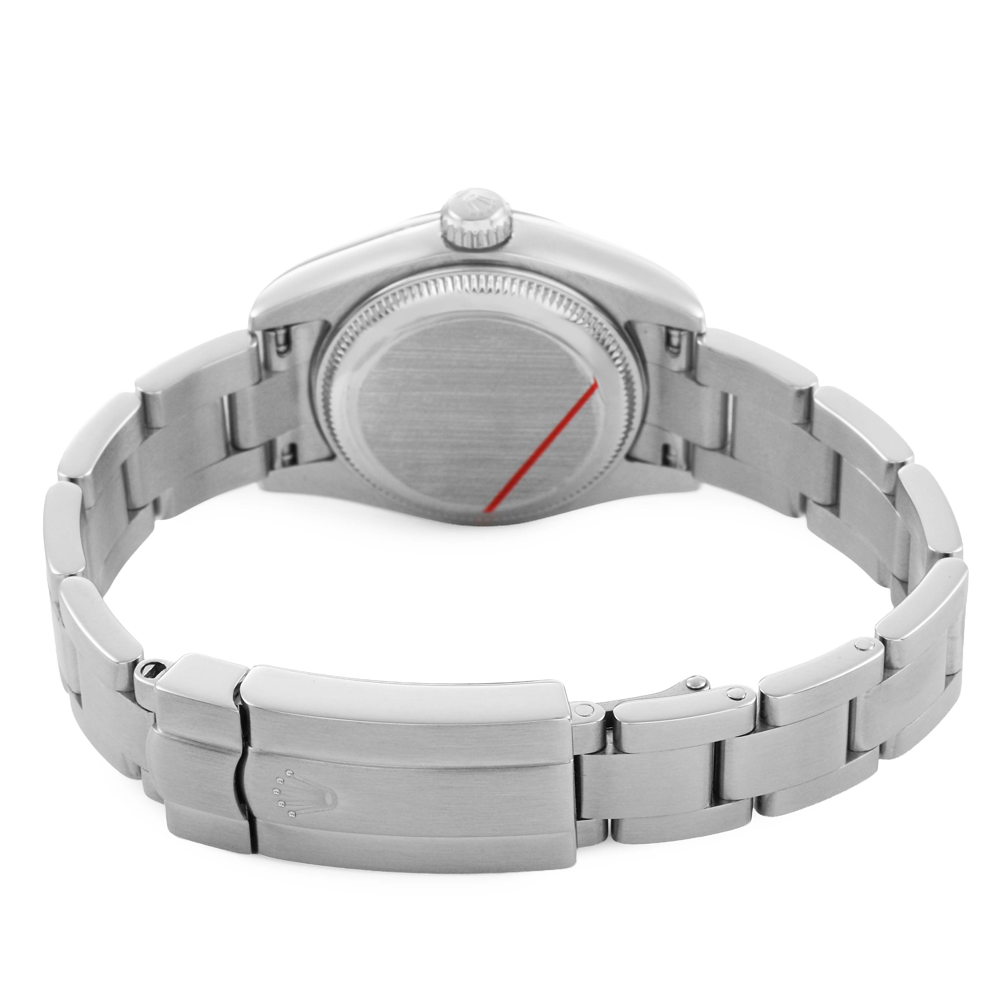 The image shows the back of the Rolex Oyster Perpetual 176234 Women's Stainless Steel Black Dial watch with the clasp and bracelet visible.