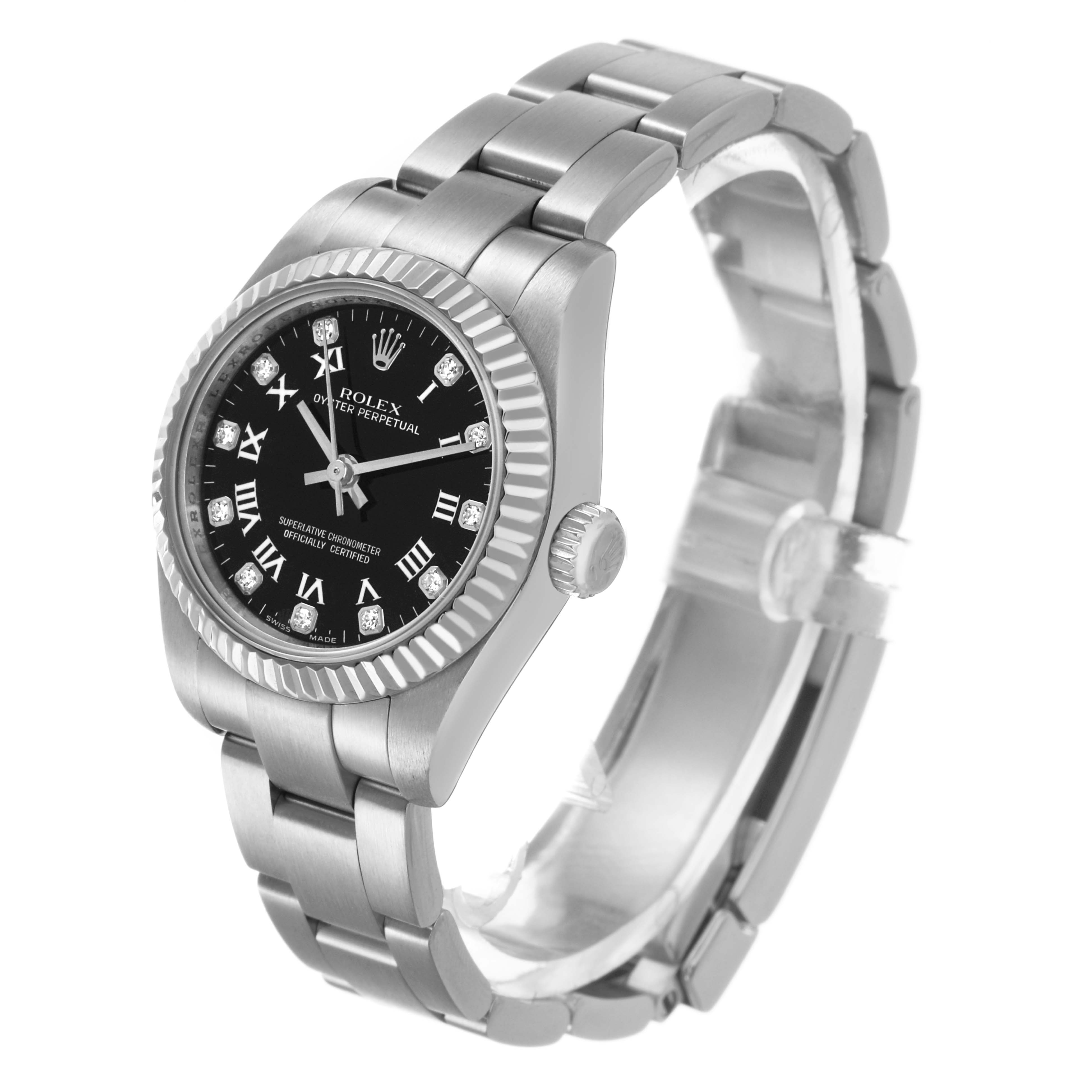 The Rolex Oyster Perpetual 176234 Women's Stainless Steel Black Dial watch is shown at a three-quarter angle, highlighting the face, bezel, crown, and bracelet.
