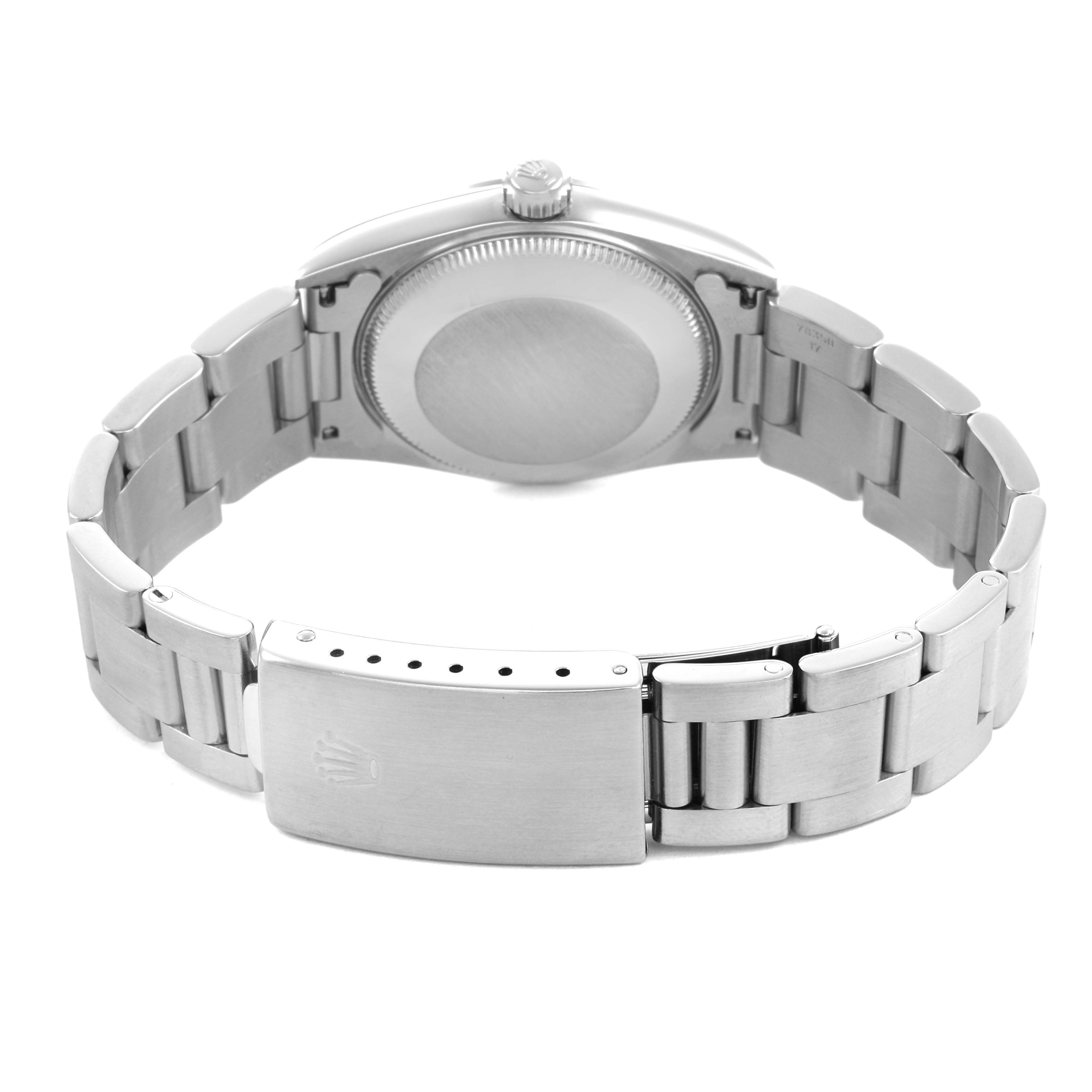 The image shows the back and bracelet clasp of a Rolex Mid-Size 77080 Women's Stainless Steel Blue Dial watch from the rear angle.