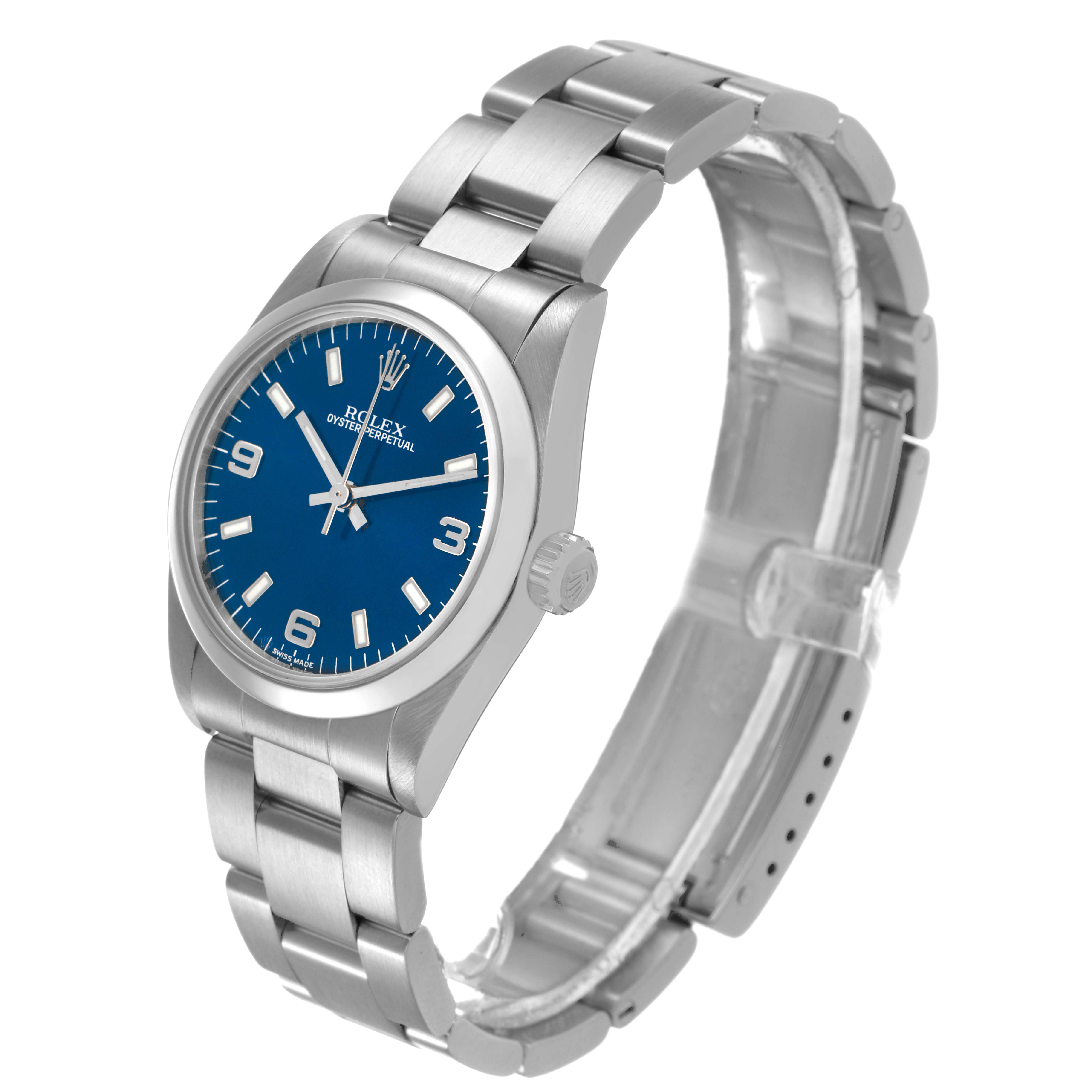 The Rolex Mid-Size 77080 Women's Stainless Steel Blue Dial watch is angled to show the face, bezel, bracelet, and crown.