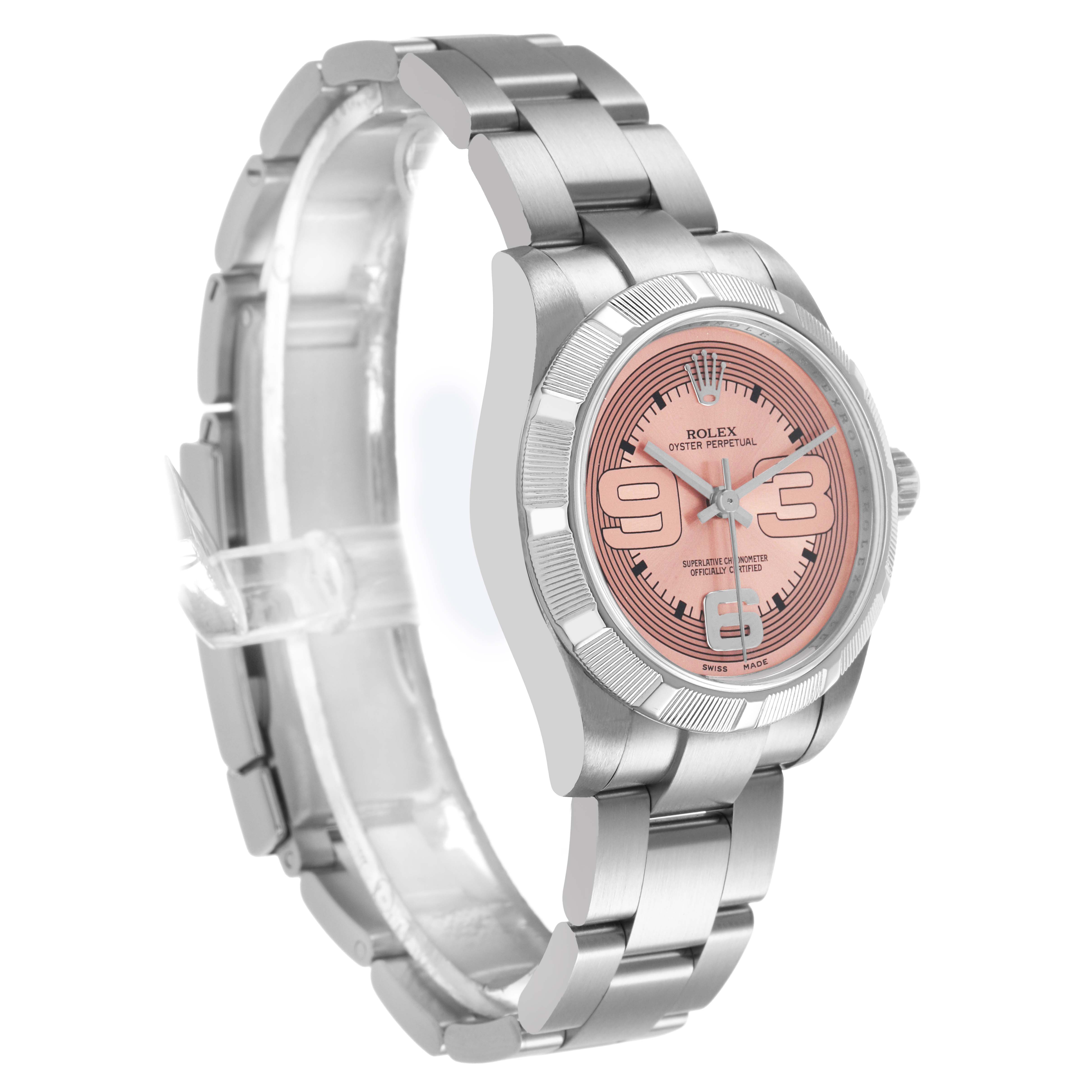 The image shows a side angle of a Mid-Size Rolex watch, displaying the band, pink dial, and case.
