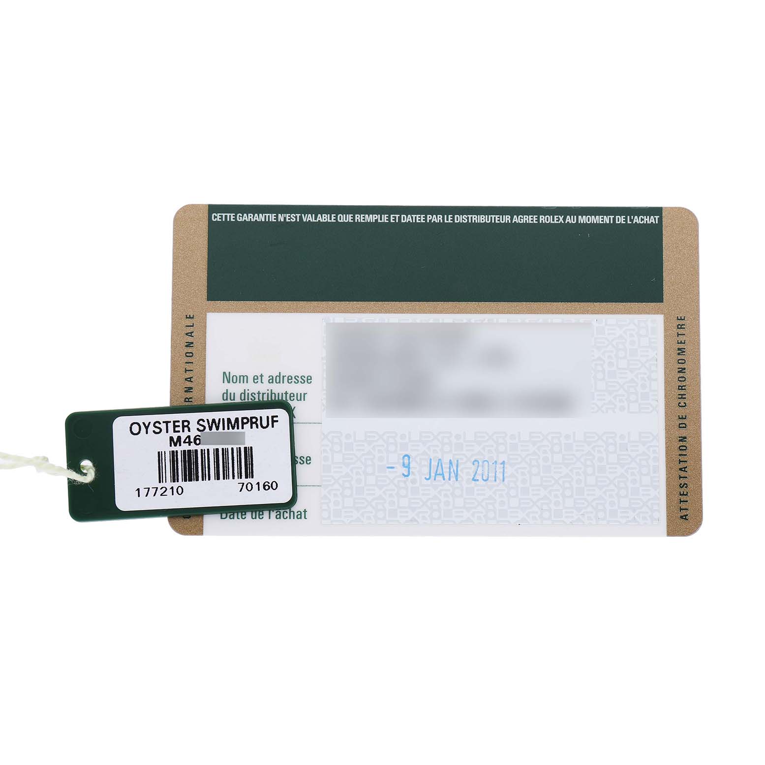 The image shows a warranty card and a tag with a barcode for a Rolex Mid-Size 177210 Women's Stainless Steel Pink Dial model.