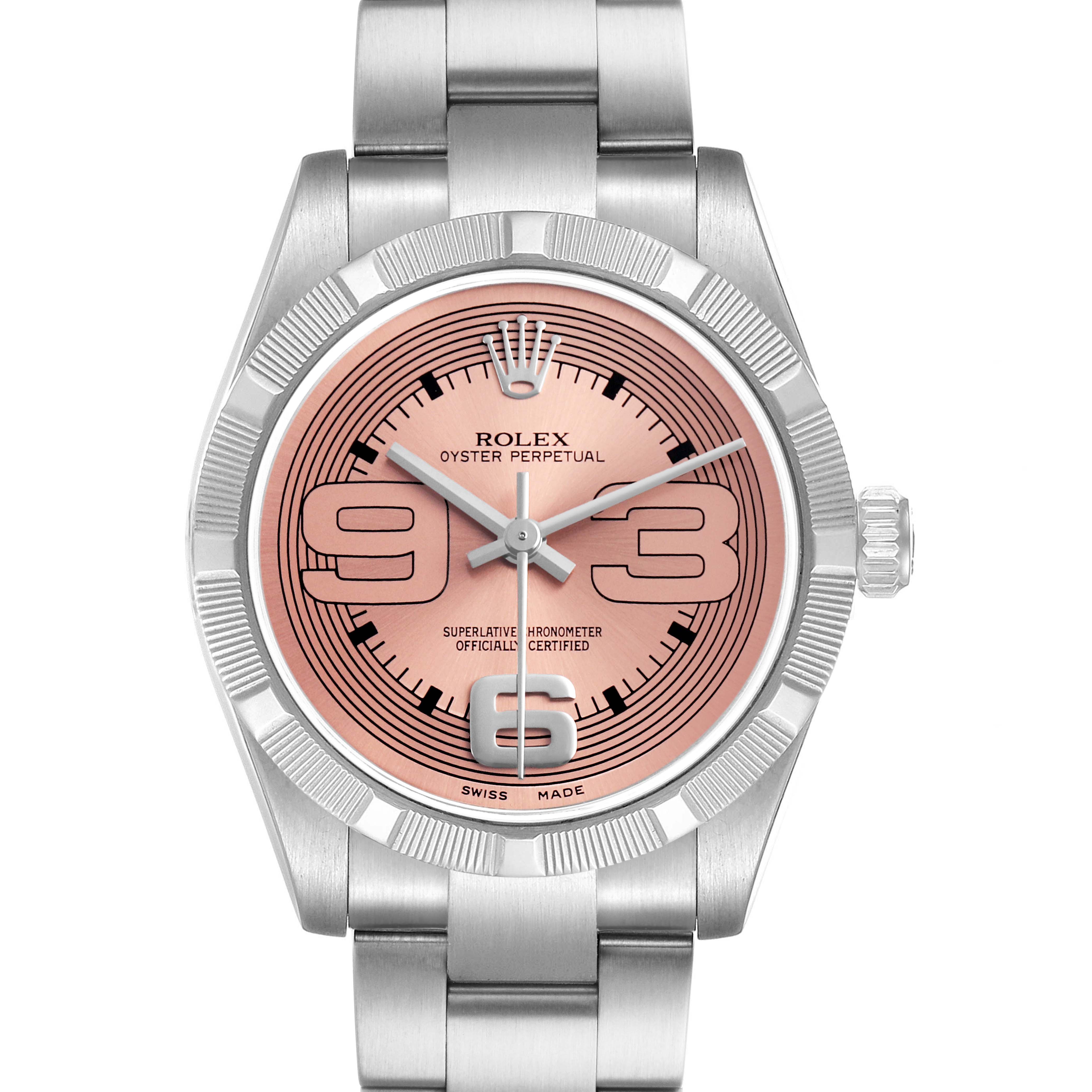 The Rolex Mid-Size 177210 Women's Stainless Steel Pink Dial Oyster Perpetual watch is shown from a front angle, highlighting its dial, case, bezel, and bracelet.