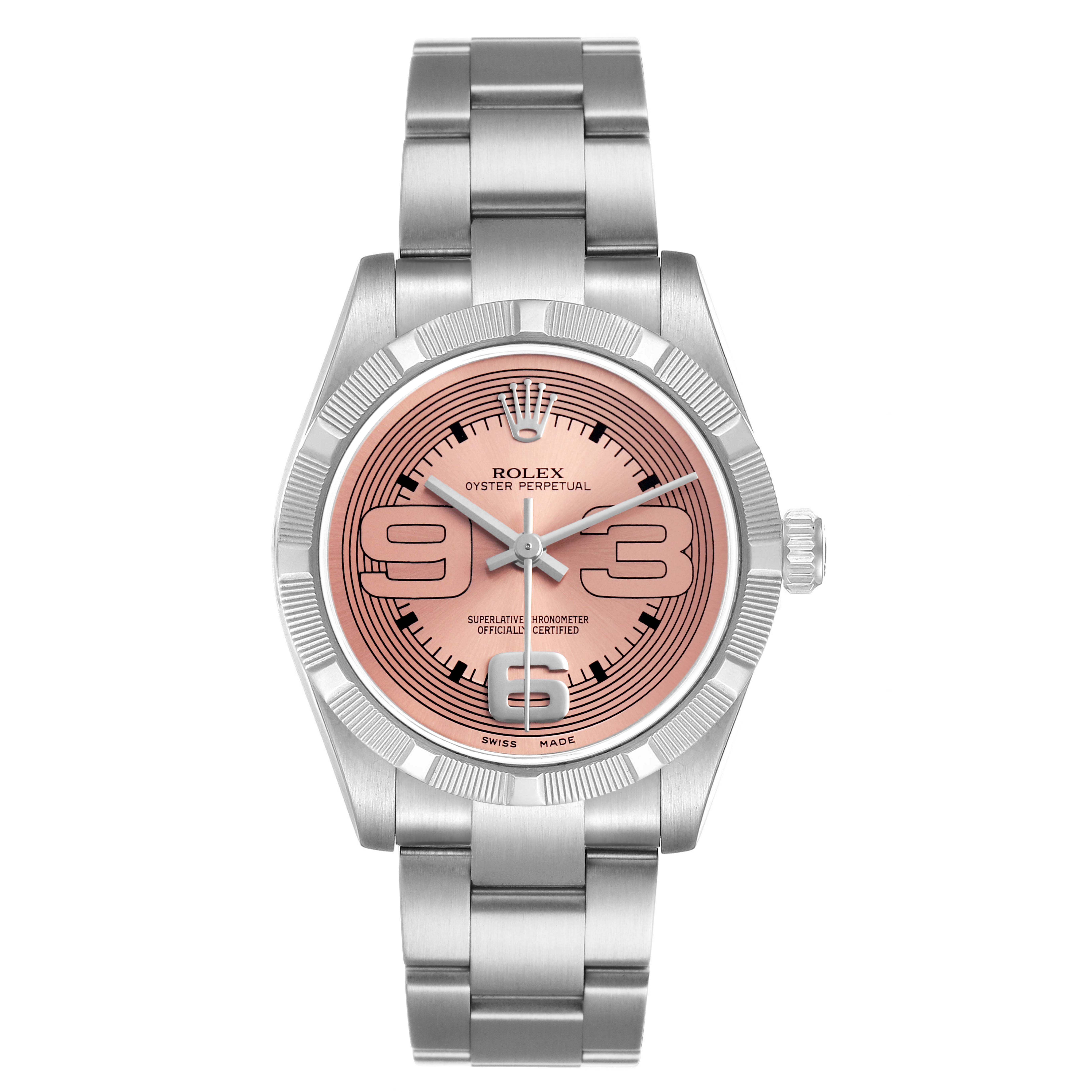 The Rolex Mid-Size 177210 Women's Stainless Steel Pink Dial model is shown from a top-down angle, highlighting its dial, case, bezel, bracelet, and crown.