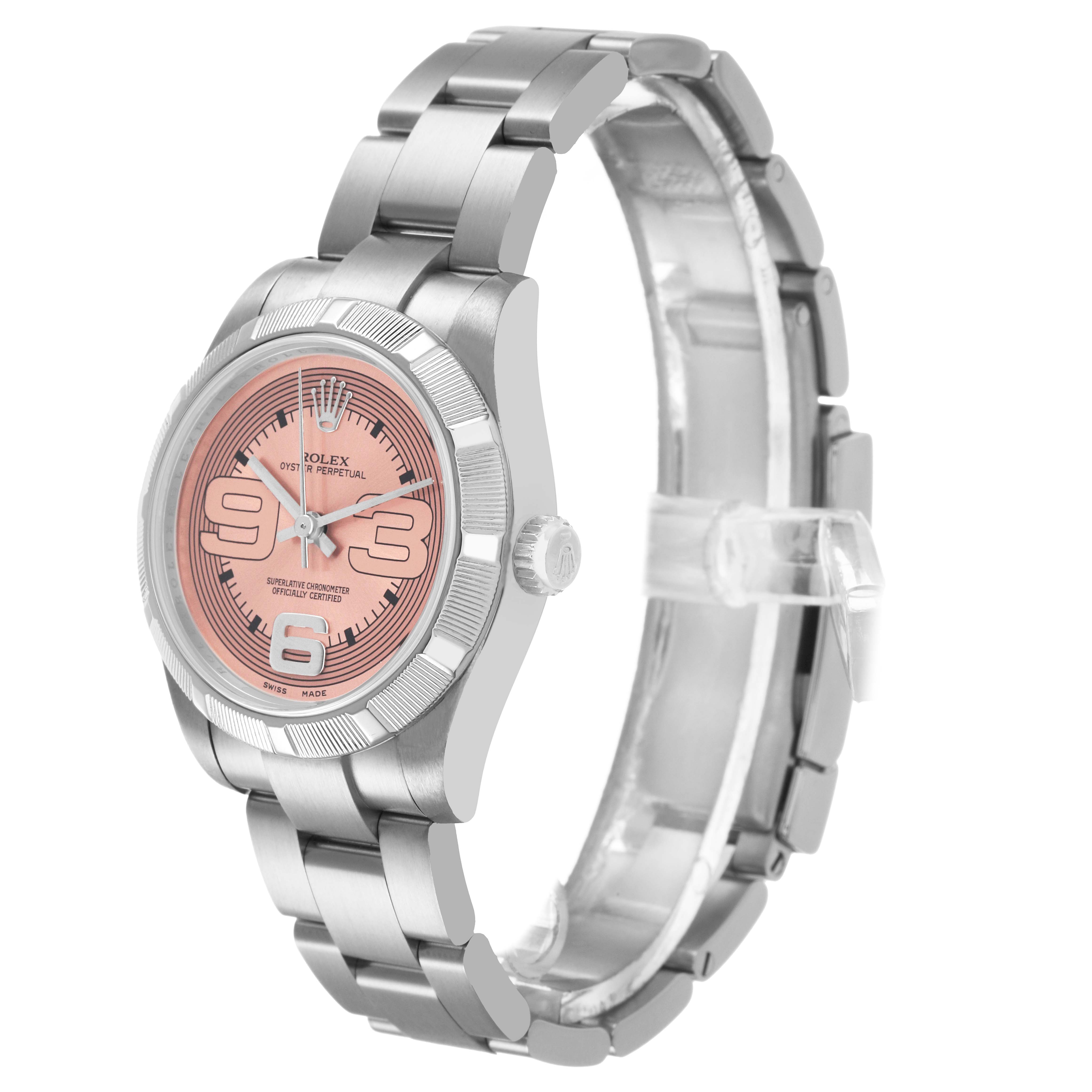 The Rolex Mid-Size 177210 Women's Stainless Steel Pink Dial watch is shown at a three-quarter angle, highlighting the bracelet, dial, and crown.