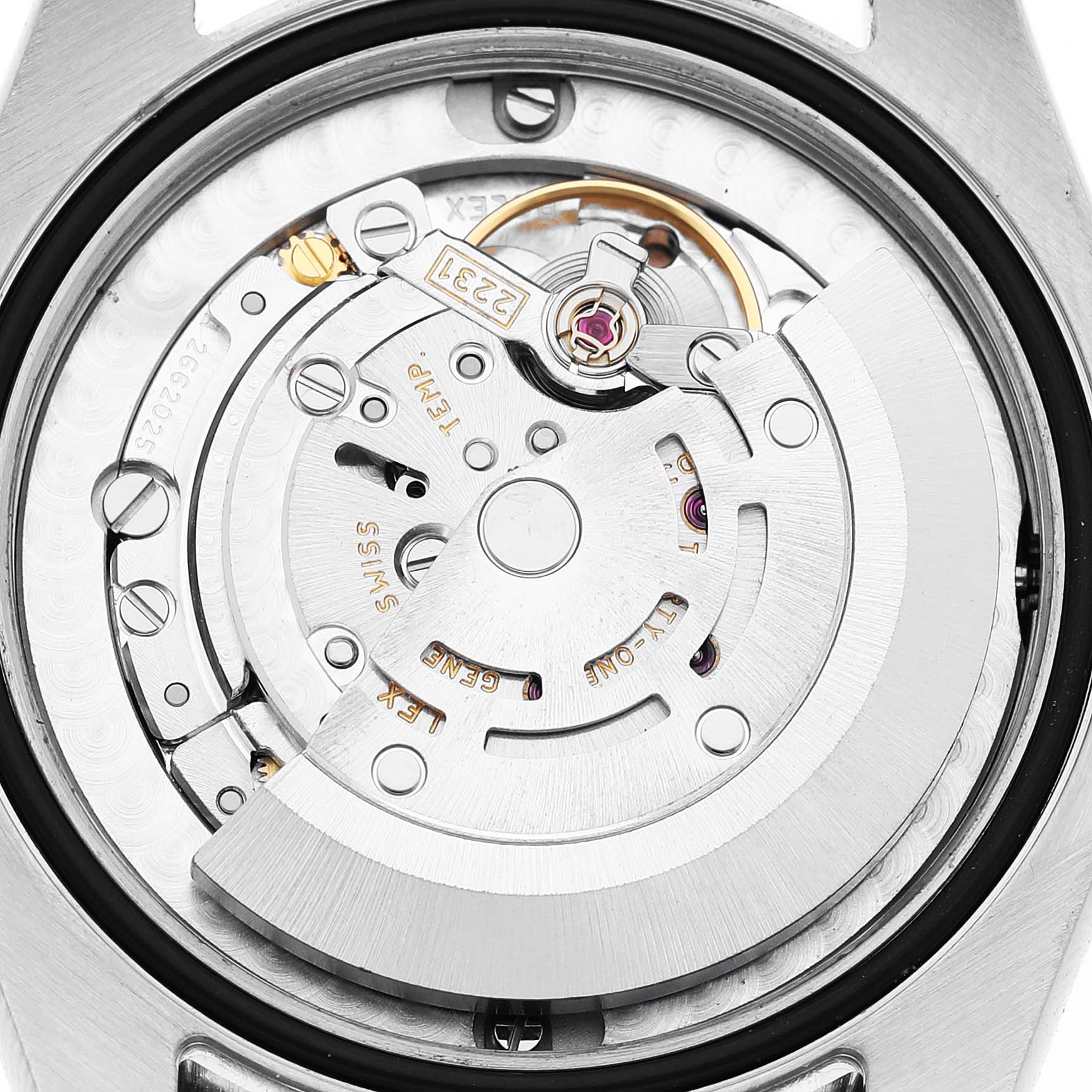 The image shows the back view of the Rolex Mid-Size 177210 Women's Stainless Steel Pink Dial model, highlighting its internal movement components.