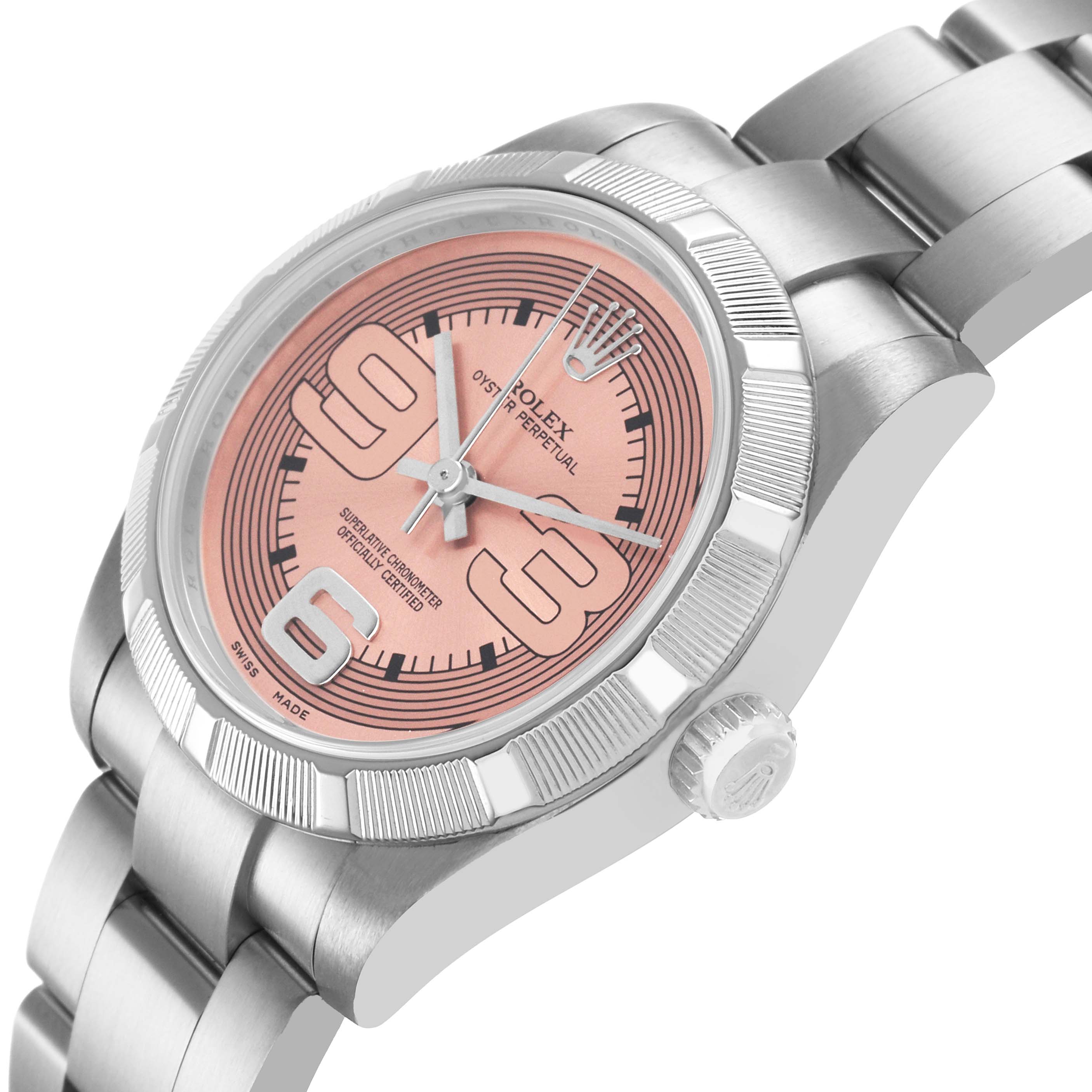 The Rolex Mid-Size 177210 Women's Stainless Steel Pink Dial model is shown at an angled side view, highlighting the pink dial, bezel, crown, and bracelet.