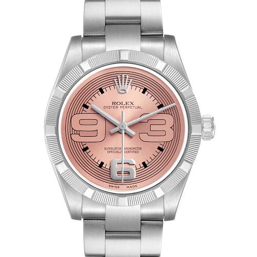 The Rolex Oyster Perpetual Mid-Size watch is shown from the front, highlighting the dial, bezel, and bracelet.