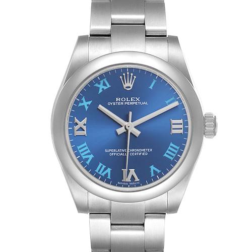 The Rolex Mid-Size 177200 Women's Stainless Steel Blue Dial Oyster Perpetual watch is shown front-on, displaying the dial, bezel, and part of the bracelet.