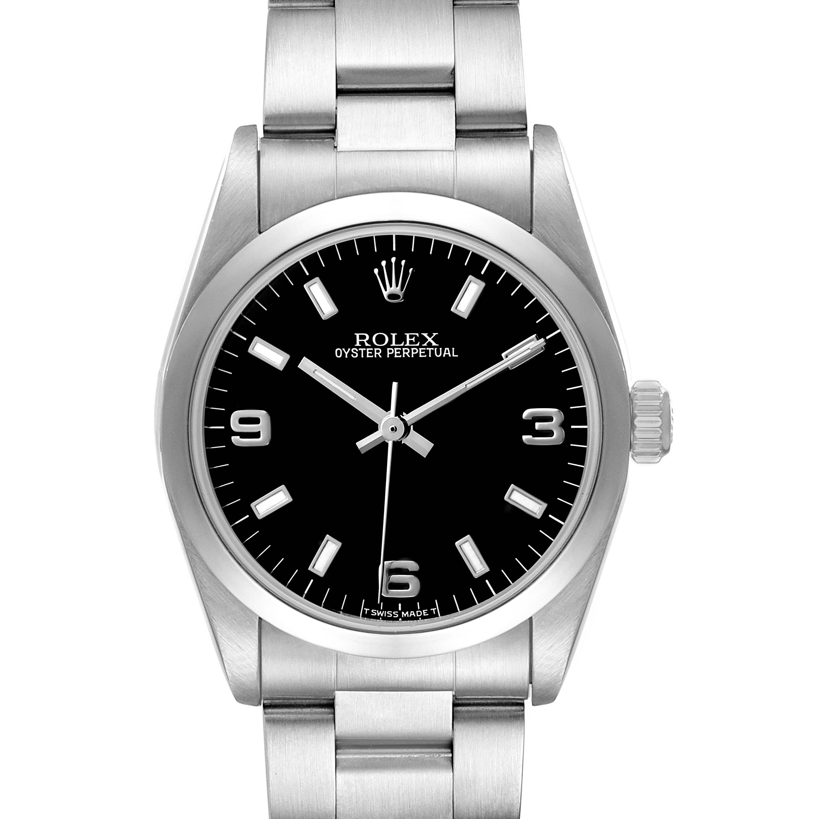 The Rolex Mid-Size 67480 Women's Stainless Steel Black Dial model watch is shown from a front angle, highlighting the dial, bezel, crown, and bracelet.
