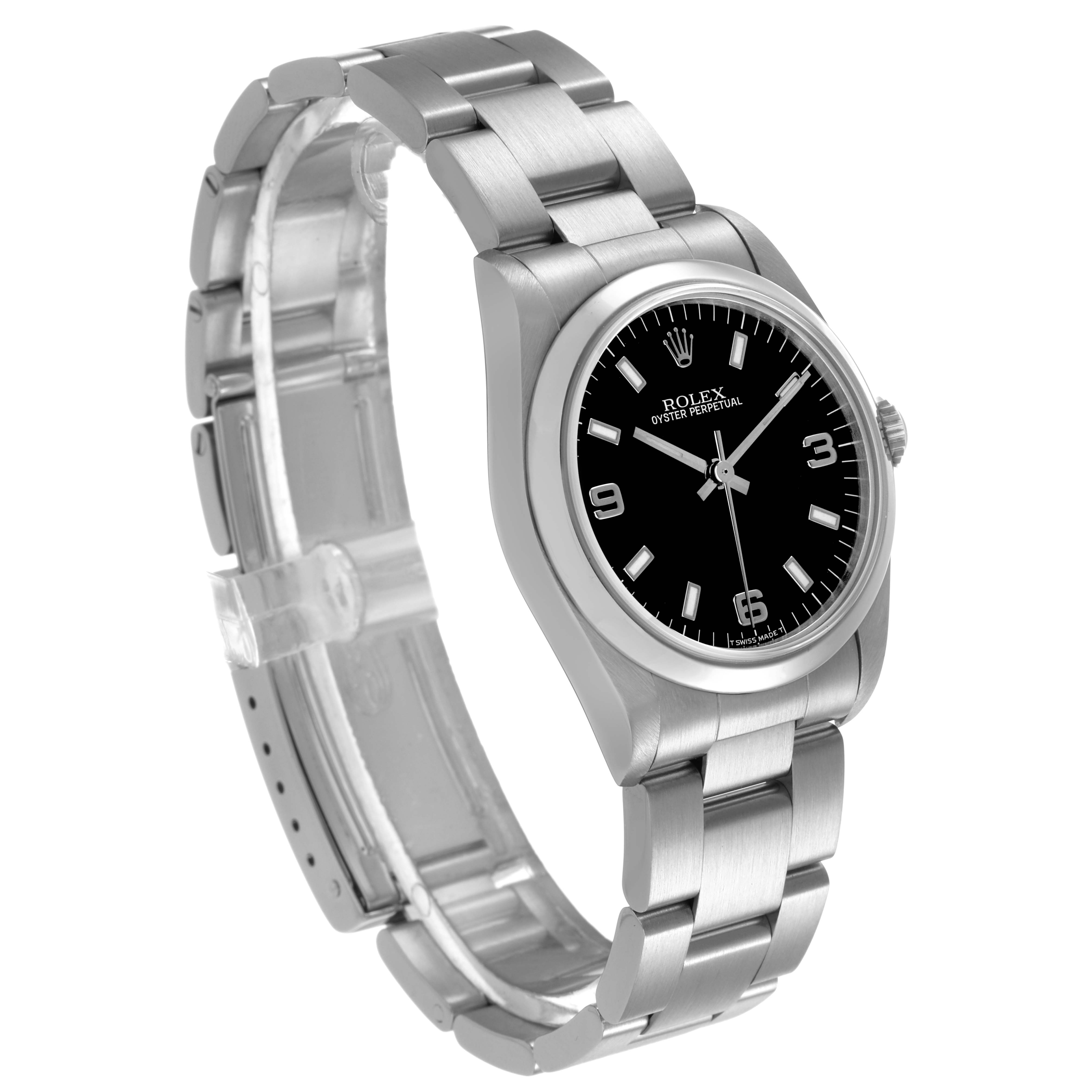 The image shows a side angle of the Rolex Mid-Size 67480 Women's Stainless Steel Black Dial watch, displaying the bracelet, black dial, and case.