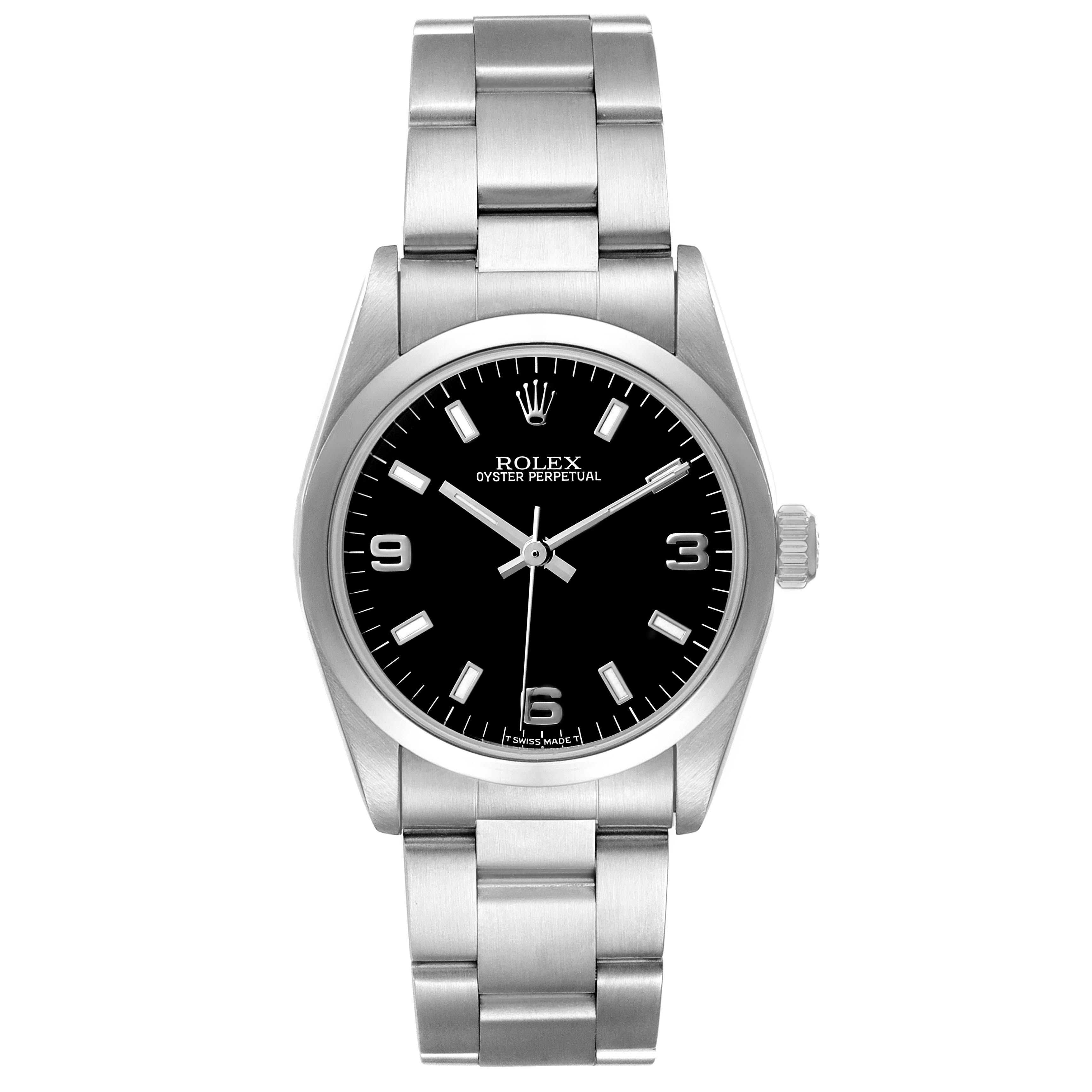 The Rolex Mid-Size 67480 Women's Stainless Steel Black Dial watch is shown from a front angle, displaying the bezel, dial, and bracelet.