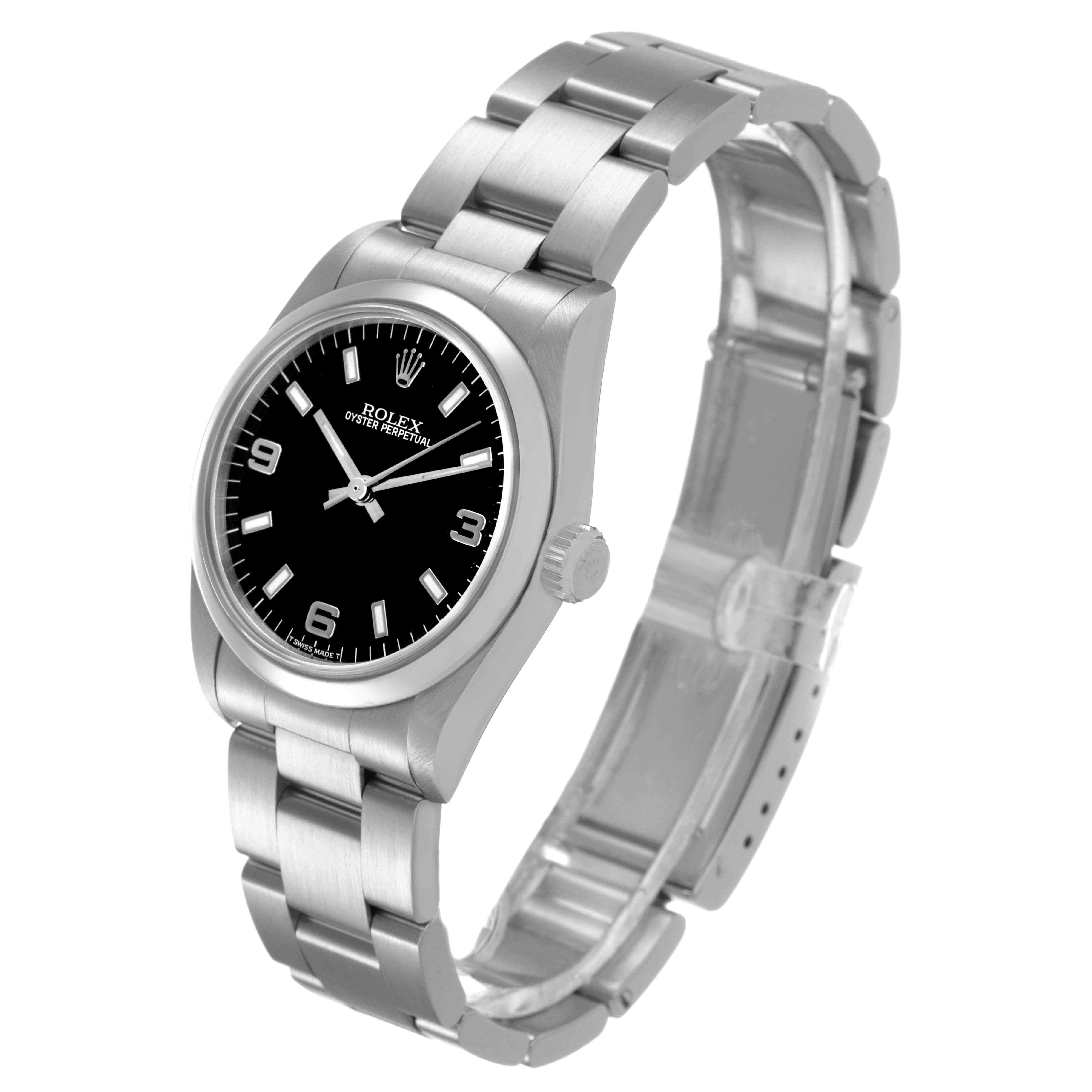 The Rolex Mid-Size 67480 Women's Stainless Steel Black Dial model is shown at a slight angle, displaying the dial, bezel, bracelet, and crown.