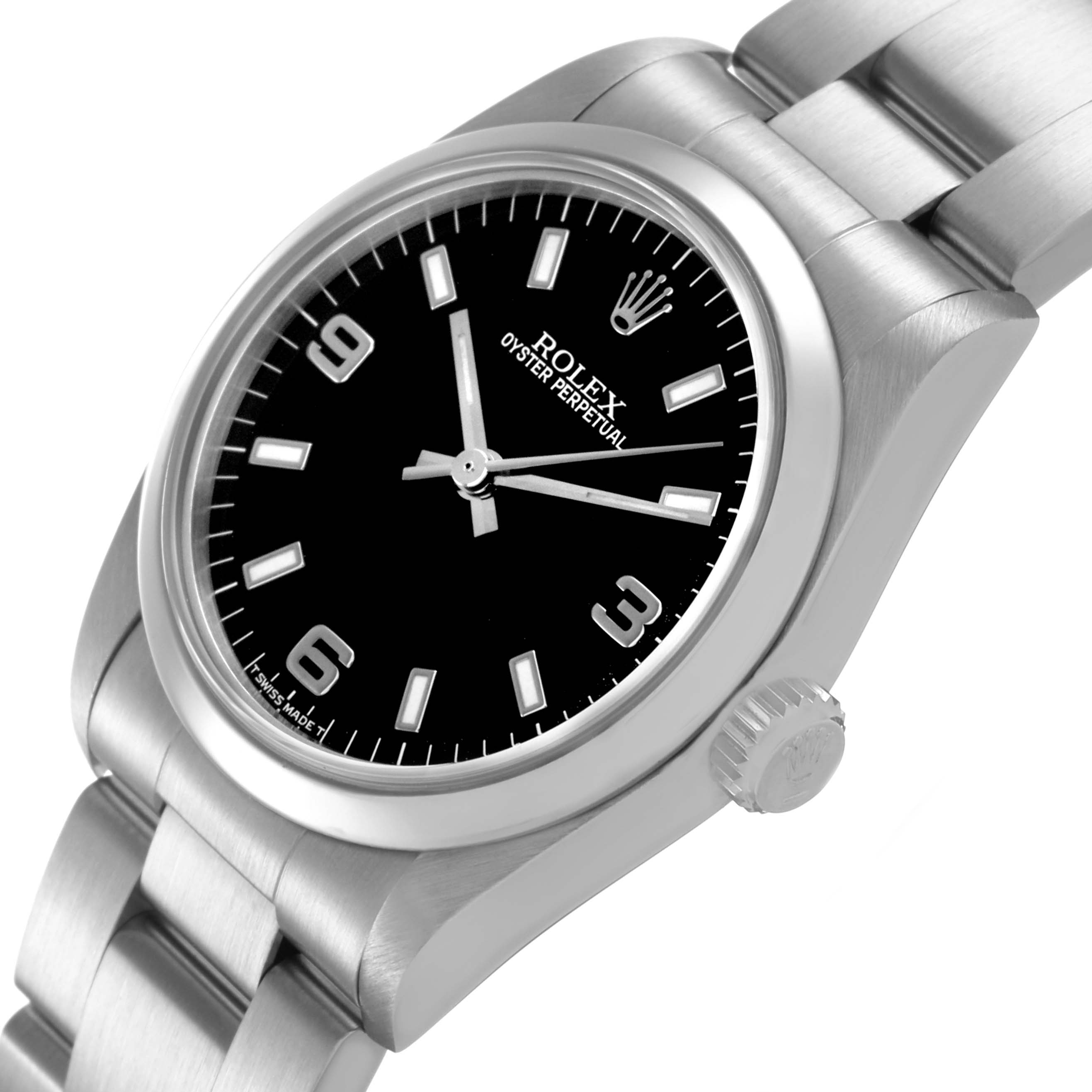 The Rolex Mid-Size 67480 Women's Stainless Steel Black Dial watch is shown at an angled view featuring the face, bezel, case, and part of the metal bracelet.