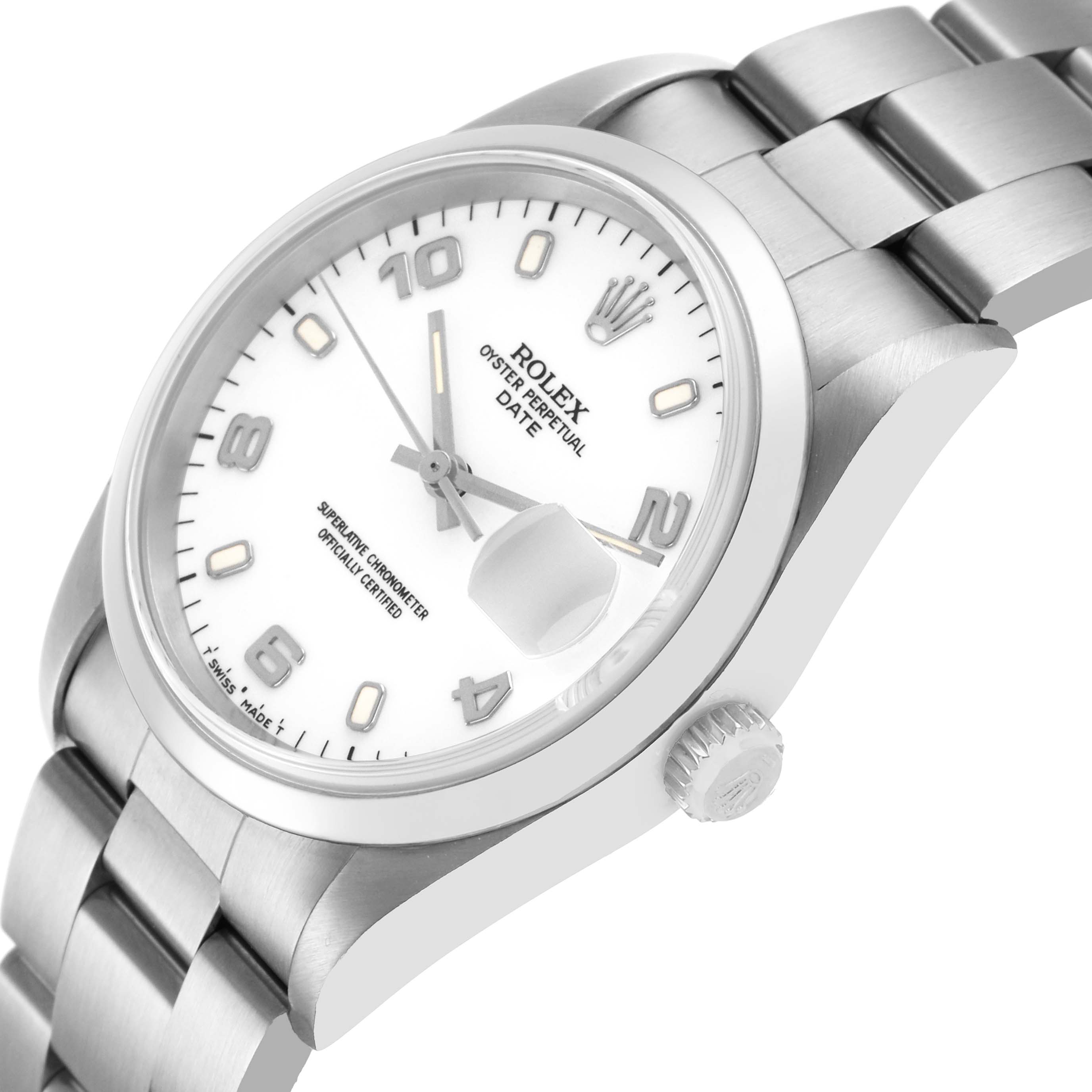 The Rolex Date 15200 Men's Stainless Steel White Dial watch is shown at an angled side view, highlighting the dial, crown, and bracelet.