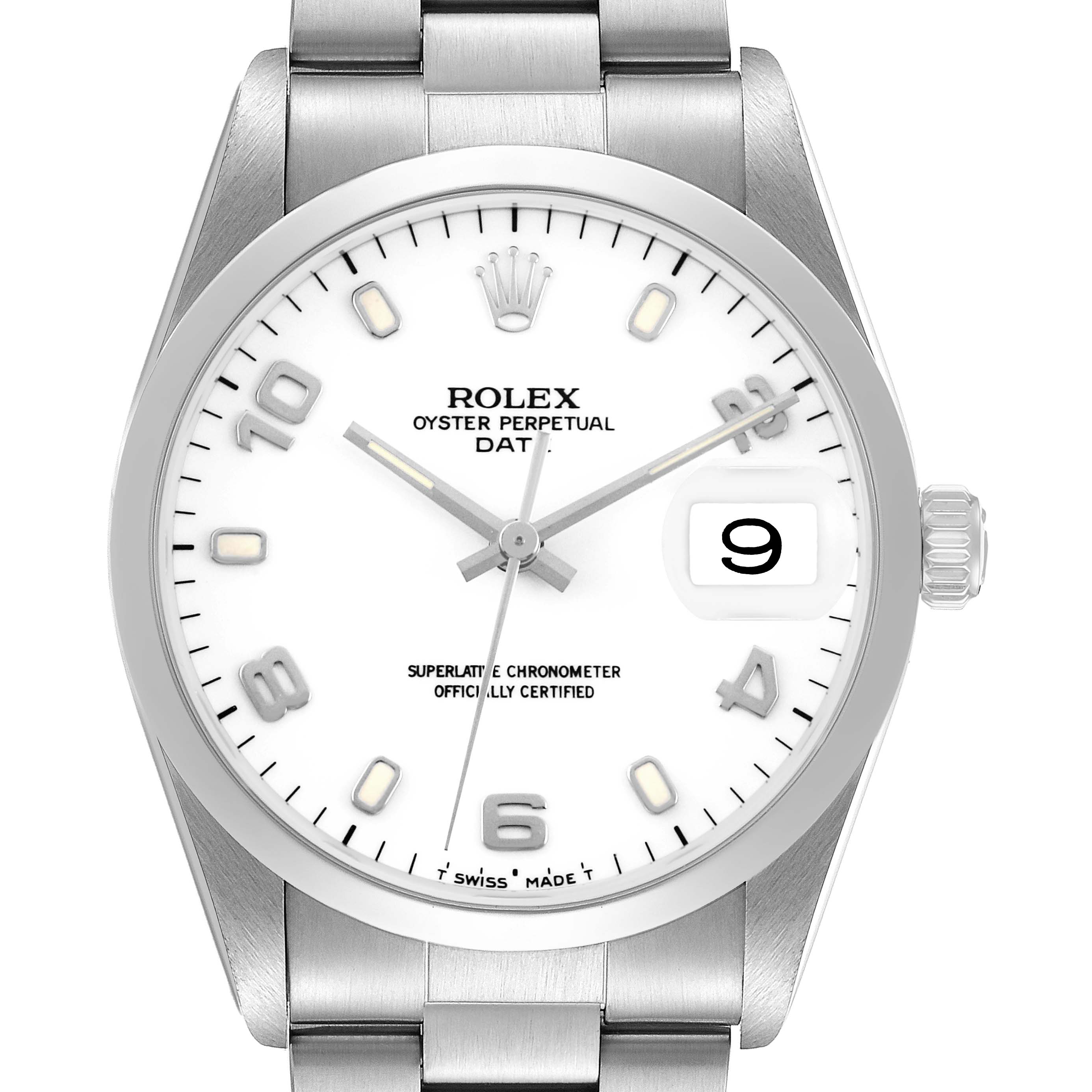 The Rolex Date 15200 Men's Stainless Steel White Dial watch is shown from a front angle, highlighting its white dial, numerals, hands, date window, and stainless steel bracelet.