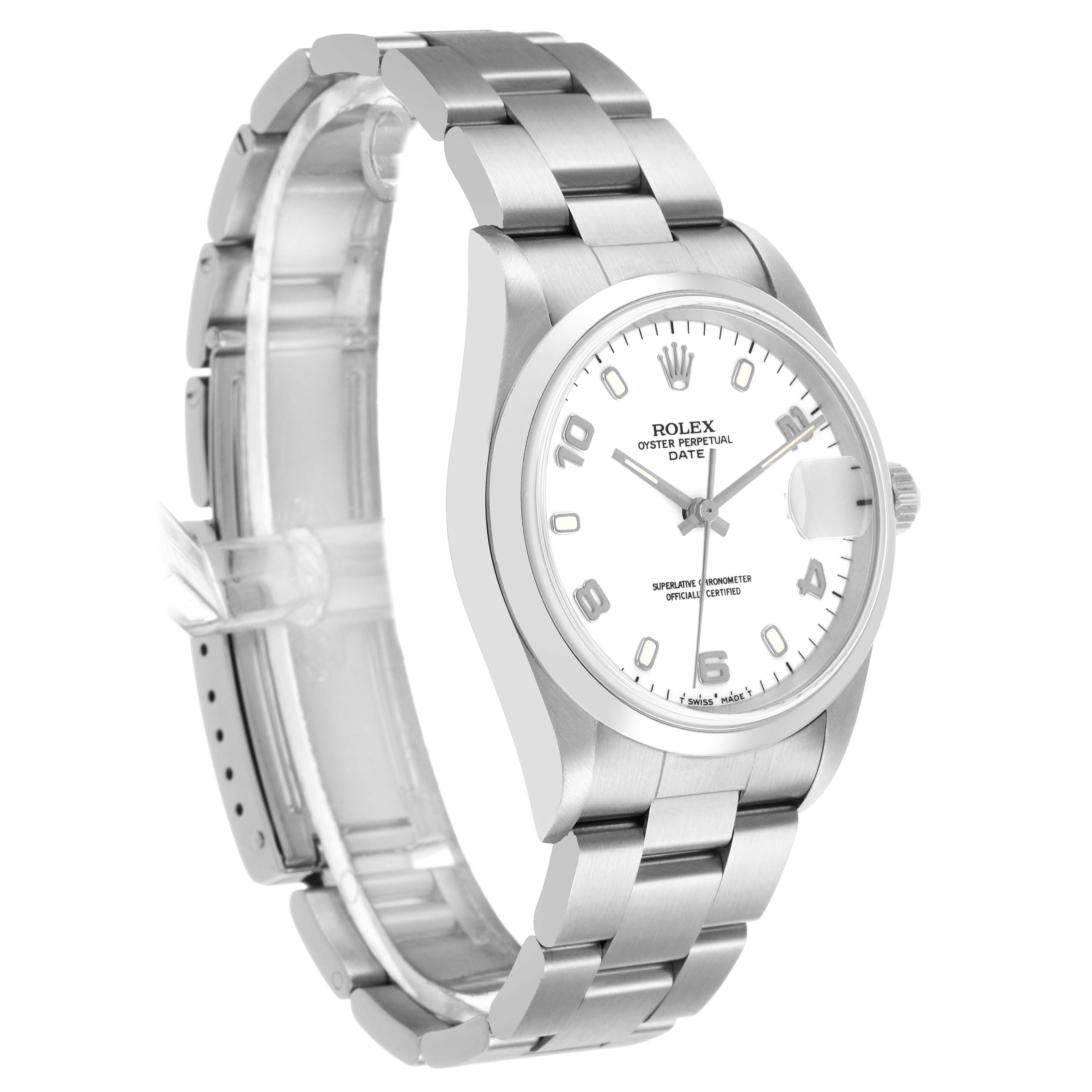 The Rolex Date 15200 Men's Stainless Steel White Dial model watch is shown at a side angle, displaying the bracelet, case, dial, and crown.