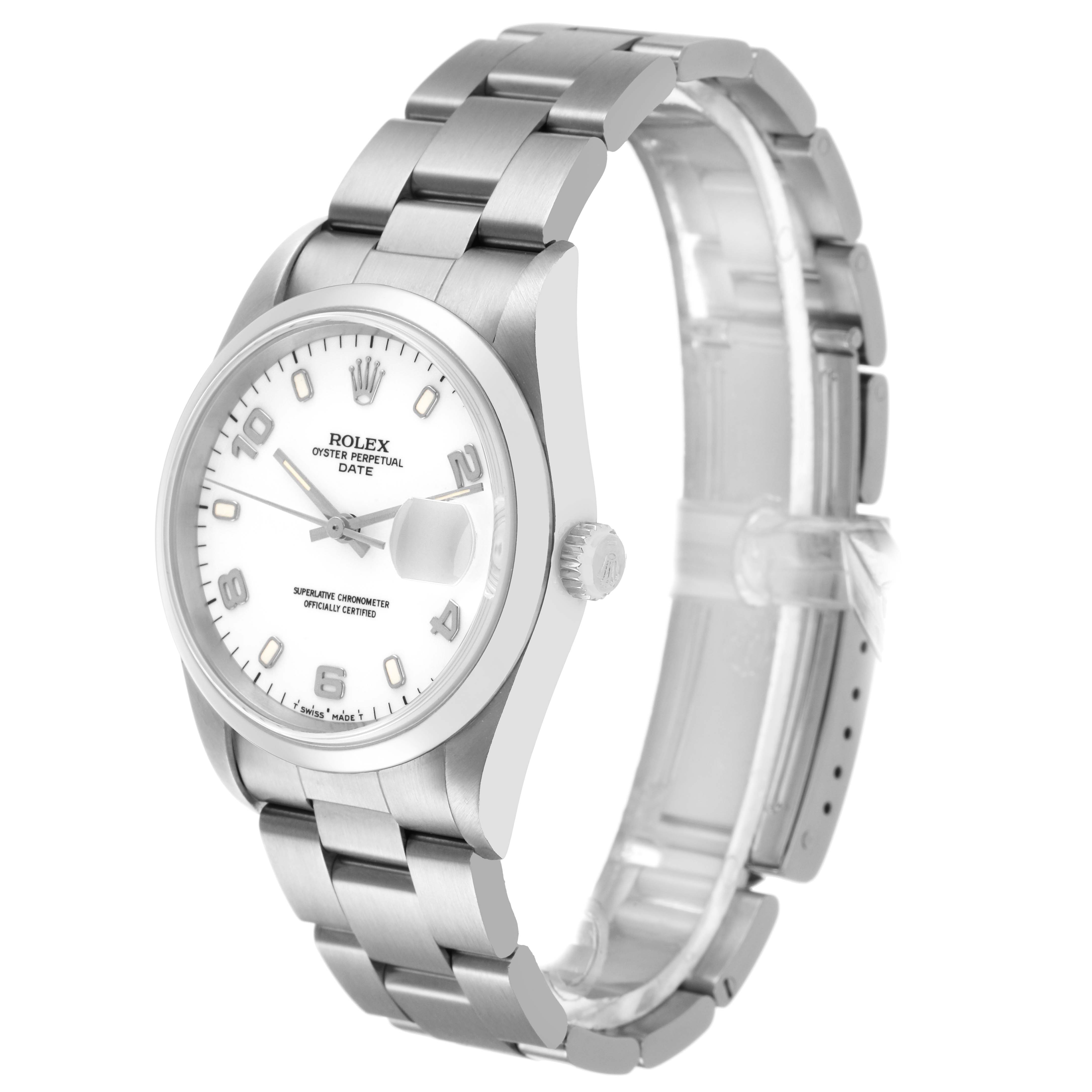 The Rolex Date 15200 Men's Stainless Steel White Dial watch is shown at an angle highlighting the face, bezel, crown, and bracelet.