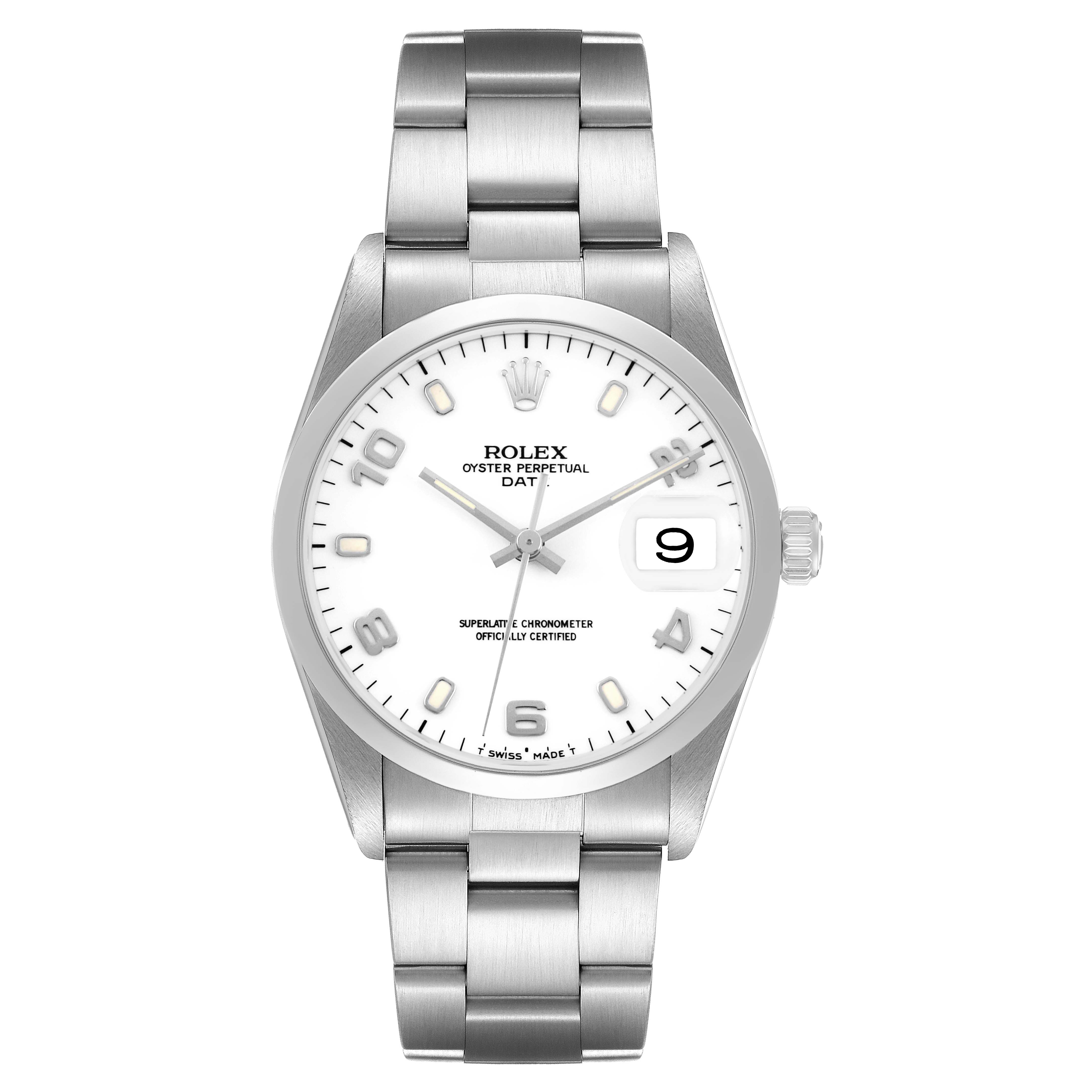 The image shows a Rolex Date 15200 Men's Stainless Steel White Dial model from a front angle, highlighting the dial, date window, and bracelet.