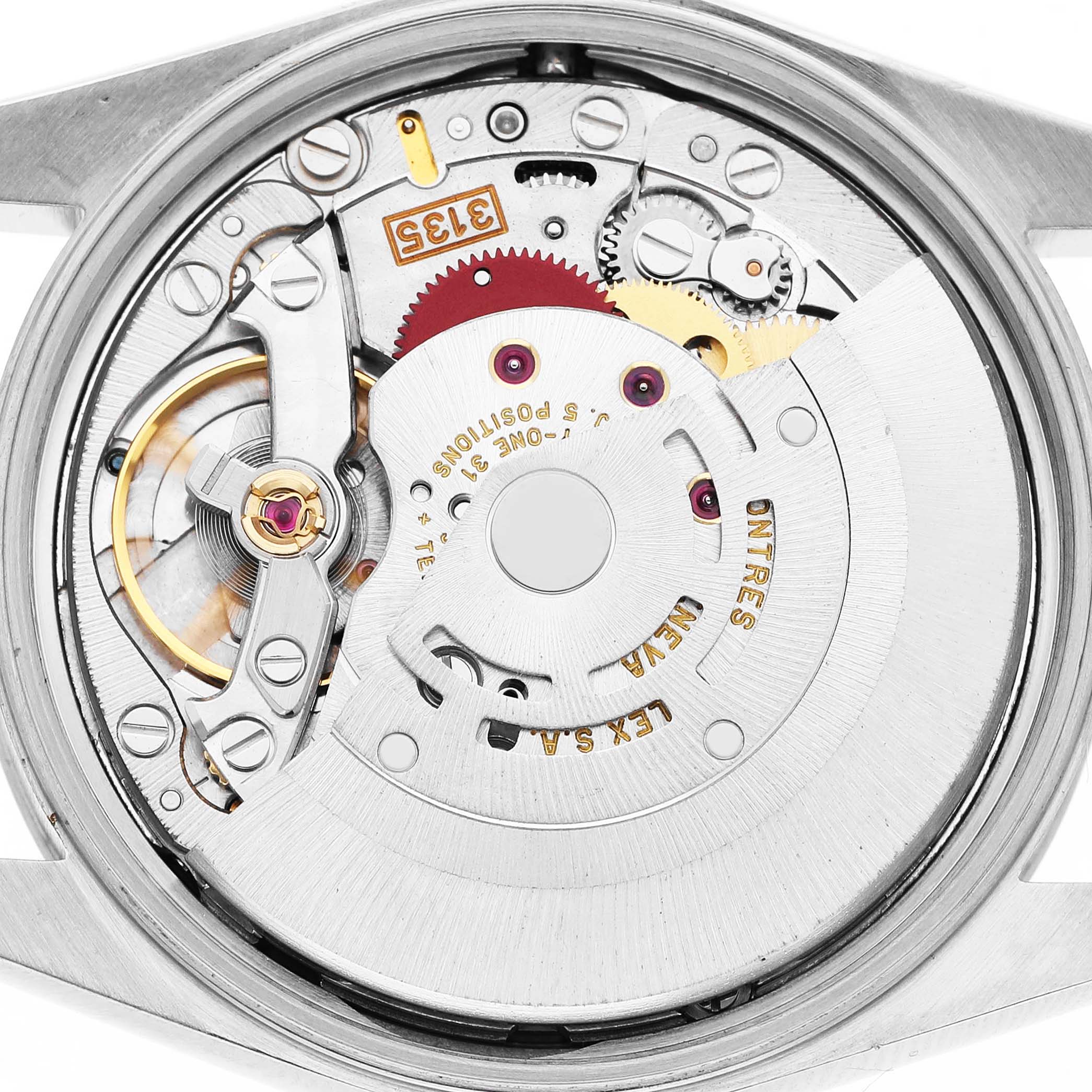 The image shows the movement mechanism of a Rolex Date 15200 Men's Stainless Steel White Dial model, viewed from the back, featuring gears and the balance wheel.