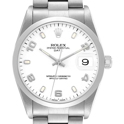 The Rolex Date 15200 Men's Stainless Steel White Dial watch is shown from a front angle, displaying its white dial, hour markers, and metal bracelet.