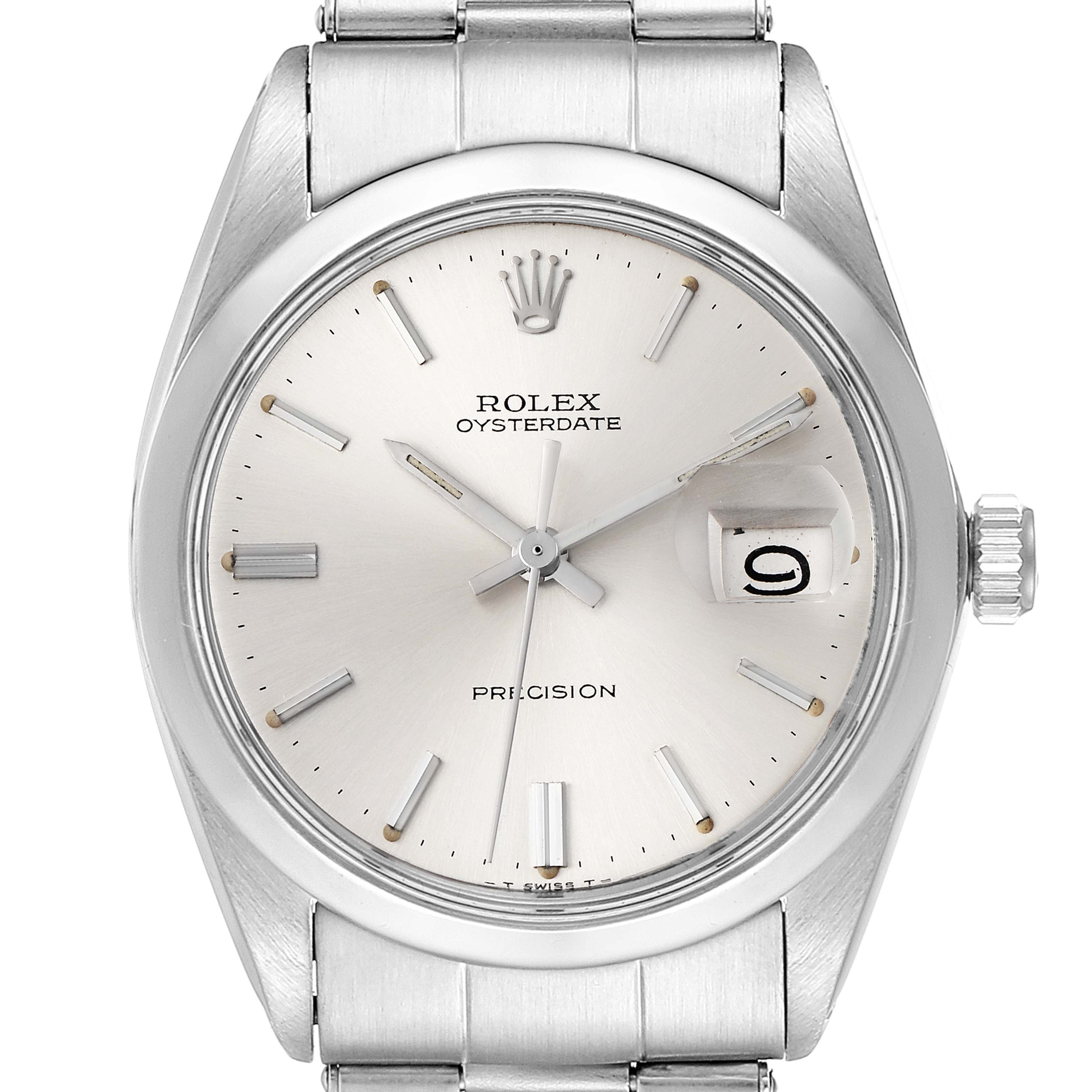 This image shows a fully-visible, front-facing view of the Rolex Vintage Collection 6694 Men
s Stainless Steel Silver Dial 6694 Men
s Stainless Steel Silver Dial Oysterdate Precision model watch.