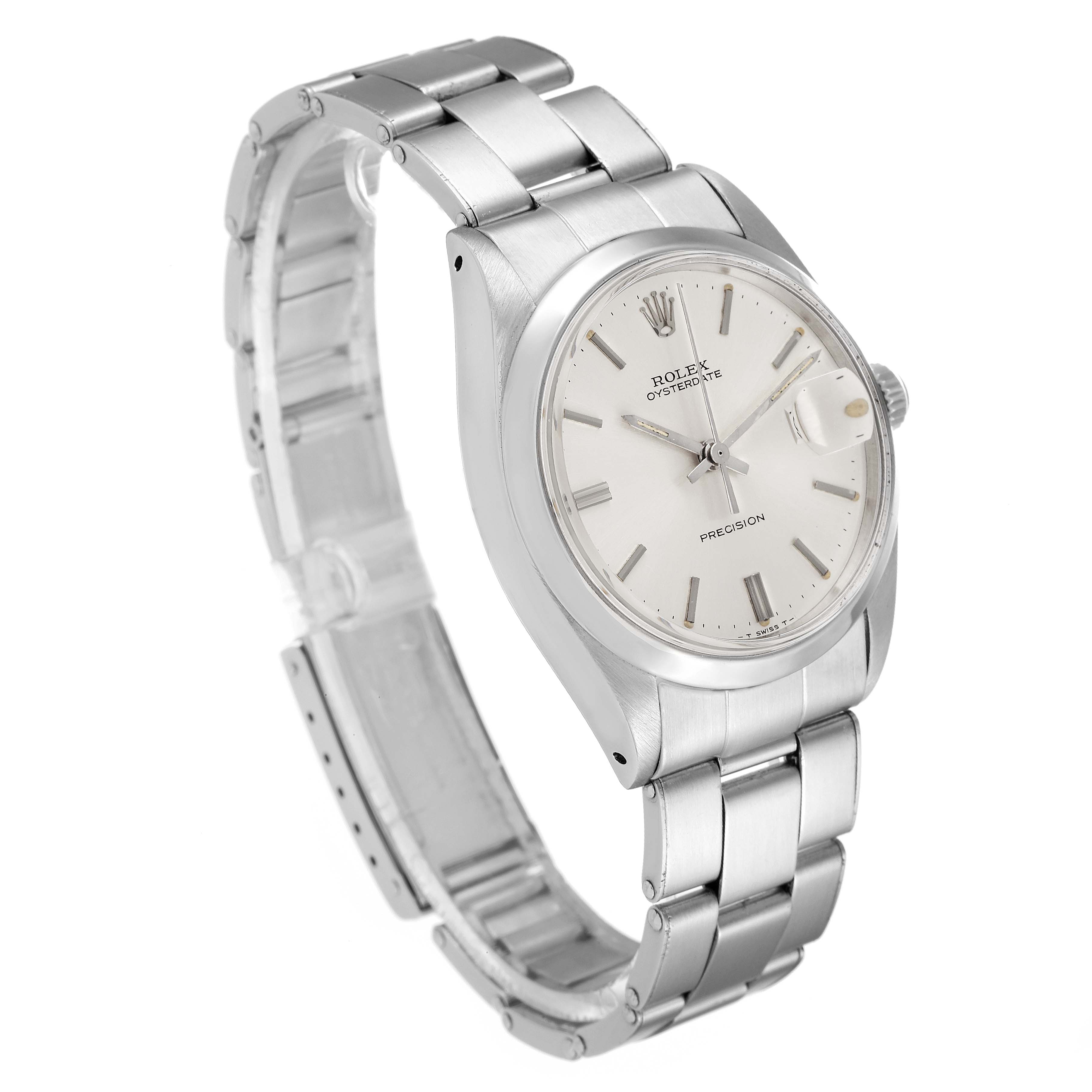 This image shows a side angle view of the Rolex Vintage Collection 6694 Men
s Stainless Steel Silver Dial 6694 Men
s Stainless Steel Silver Dial watch, highlighting its stainless steel band and dial.