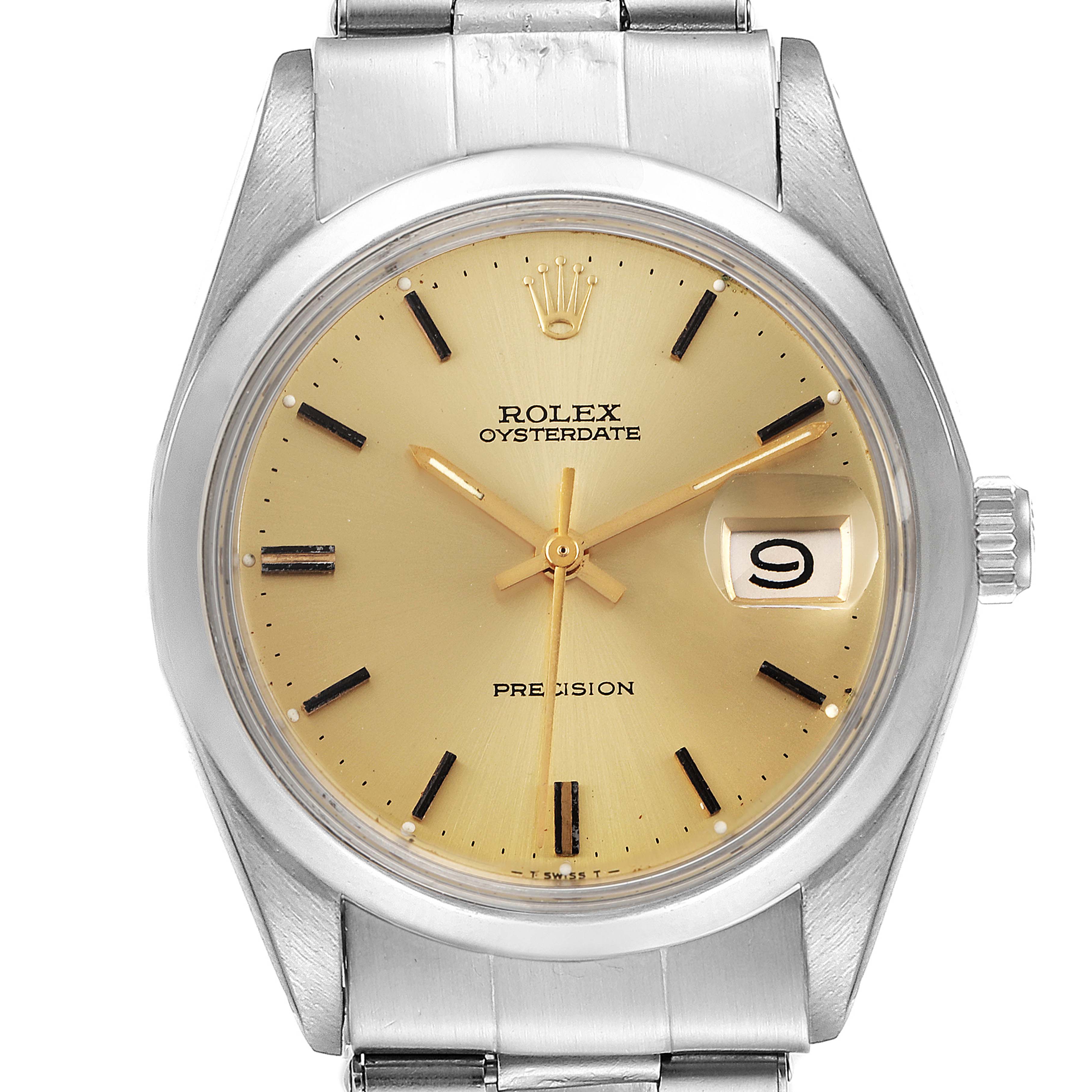 The Rolex Vintage Collection 6694 Men's Stainless Steel Champagne Dial 6694 Men's Stainless Steel Champagne Dial Oysterdate Precision watch is shown from a front angle, highlighting its dial, hour, minute hands, and date window.