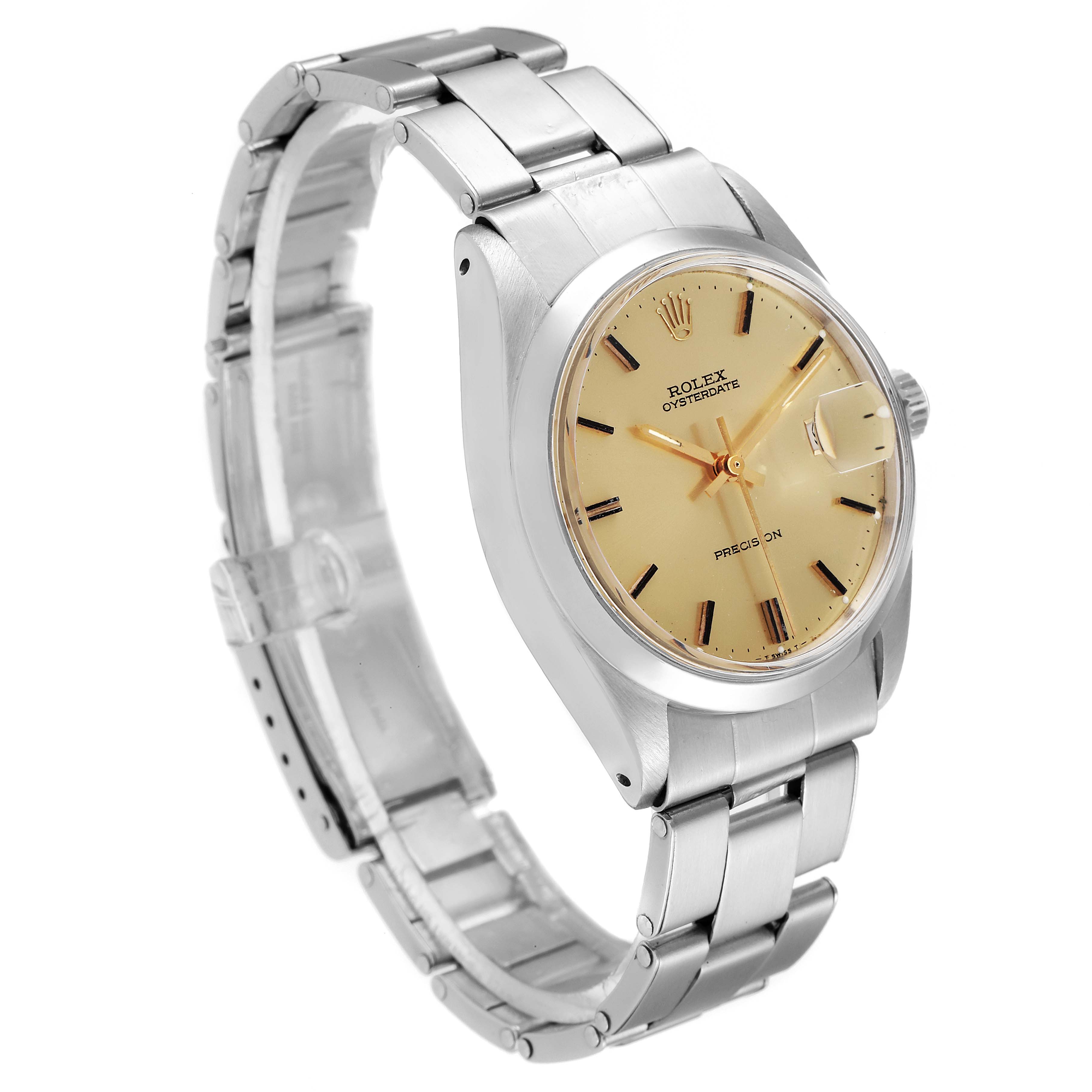 The image shows a side-angle view of the Rolex Vintage Collection 6694 Men's Stainless Steel Champagne Dial 6694 Men's Stainless Steel Champagne Dial watch, highlighting its bezel, dial, crown, and bracelet.