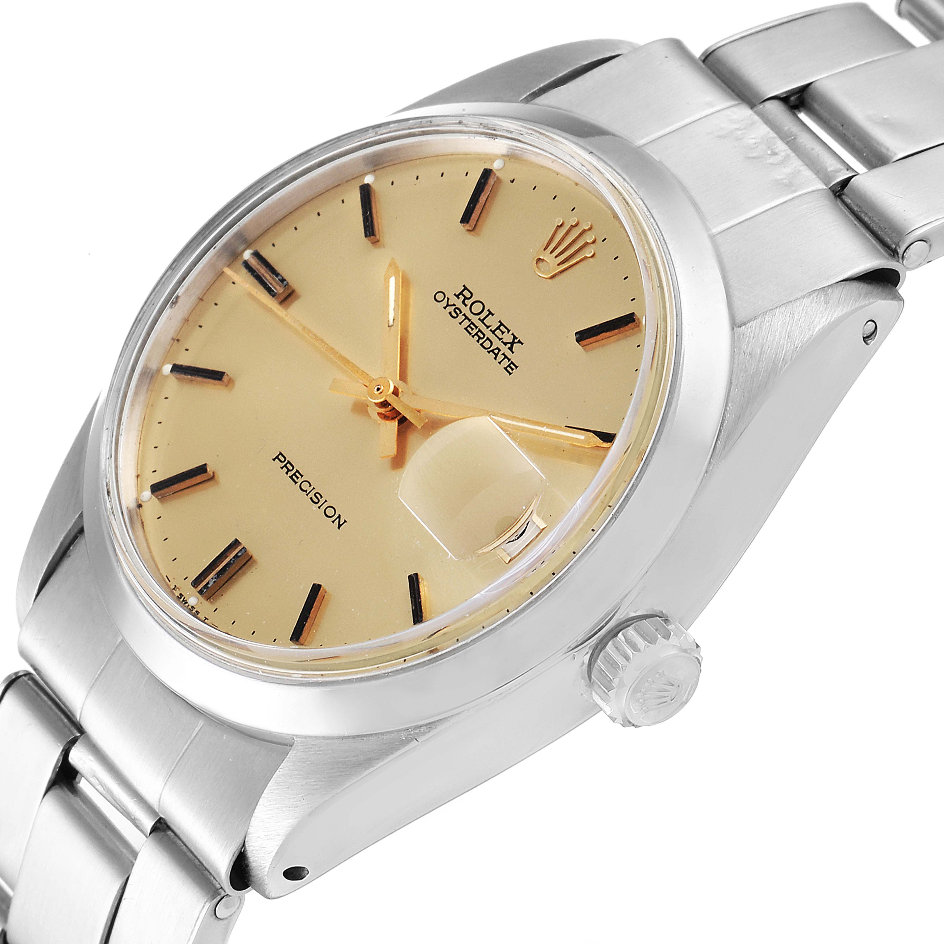 The image shows a close-up angle of the Rolex Oysterdate Vintage Collection model, highlighting its dial, crown, and bracelet.