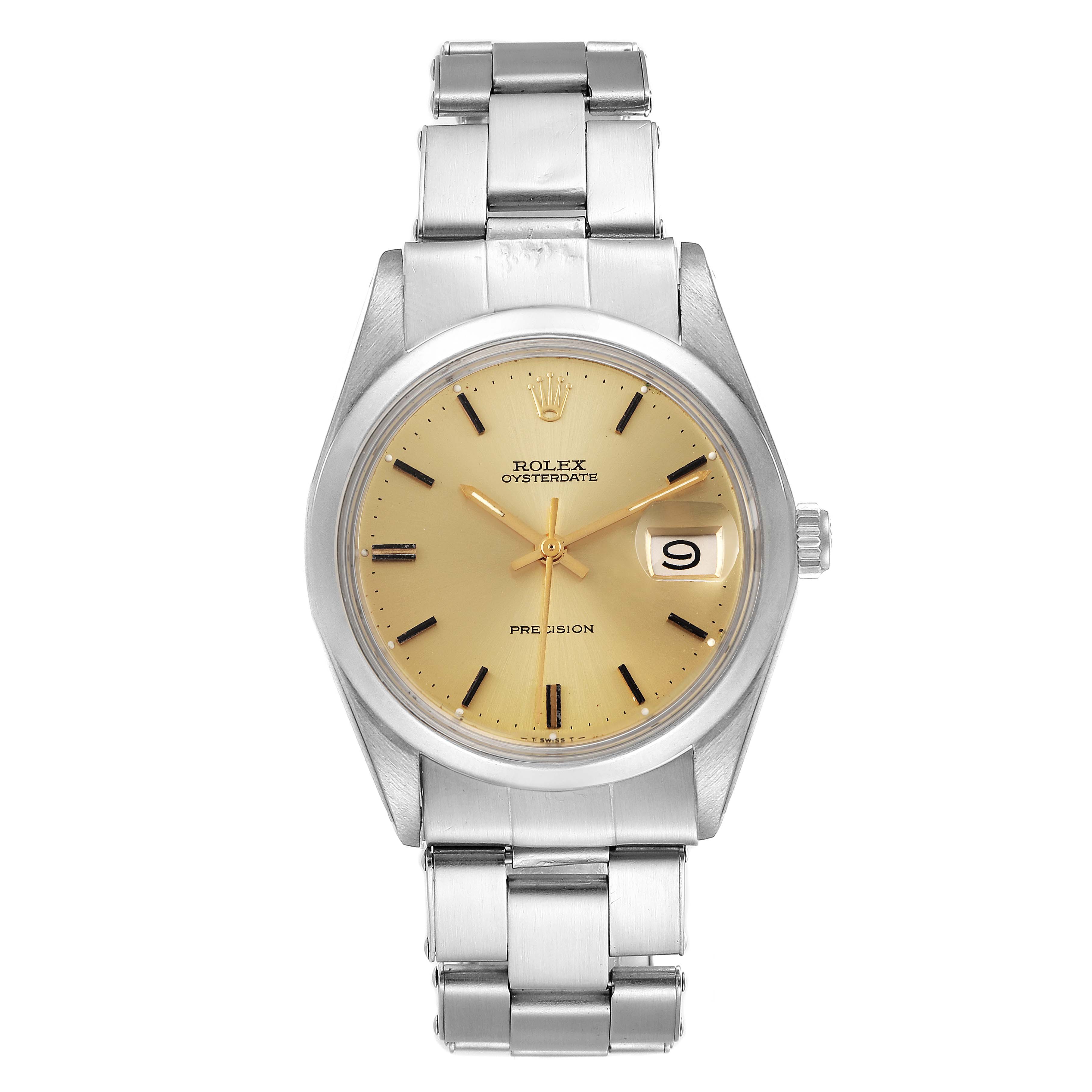 The image shows a front view of the Rolex Vintage Collection 6694 Men's Stainless Steel Champagne Dial 6694 Men's Stainless Steel Champagne Dial watch, highlighting its face, bracelet, and date display.