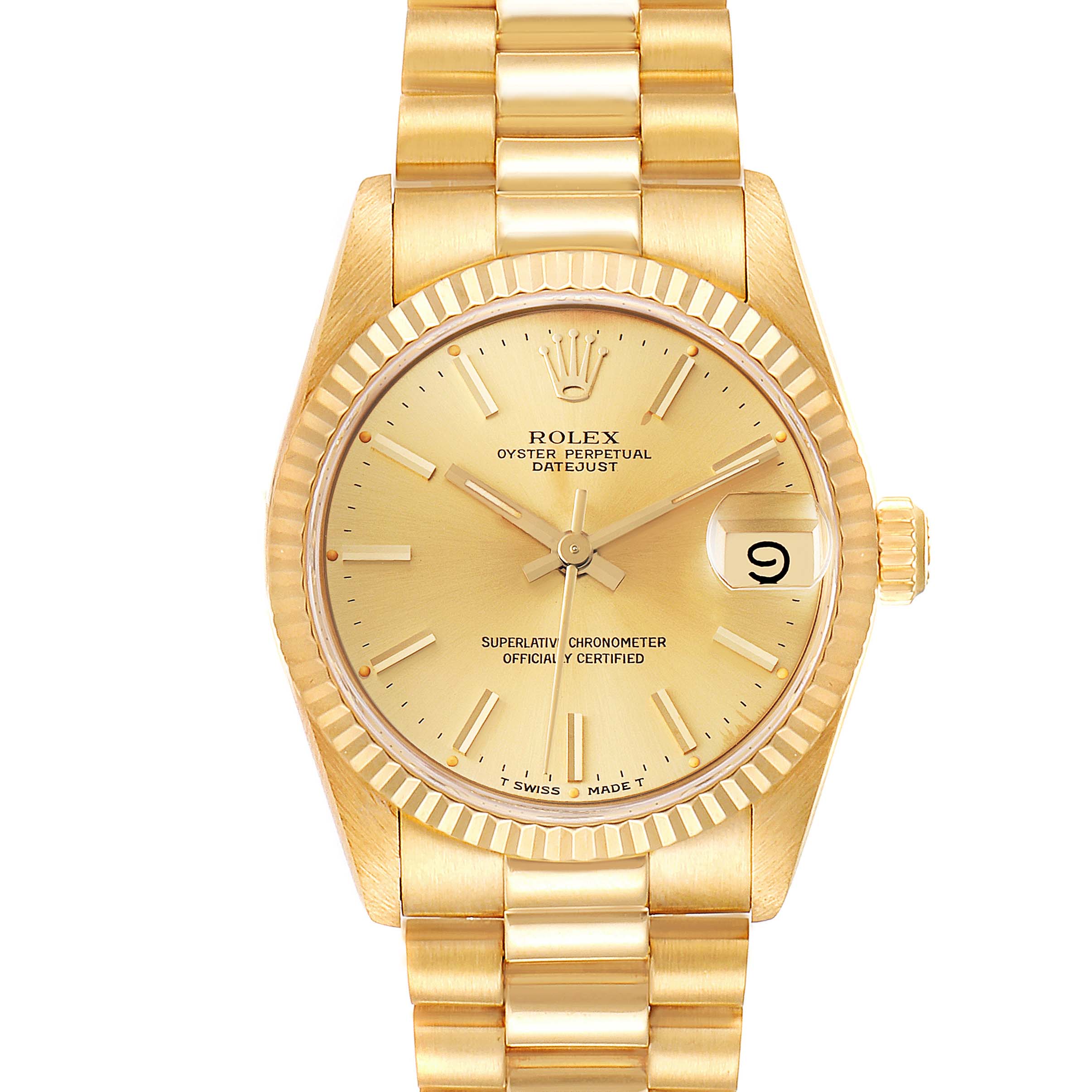 The image shows a front view of the Rolex President 68278 Women
s Yellow Gold Champagne Dial 68278 Women
s Yellow Gold Champagne Dial Oyster Perpetual Datejust watch, including the bracelet, dial, and bezel.