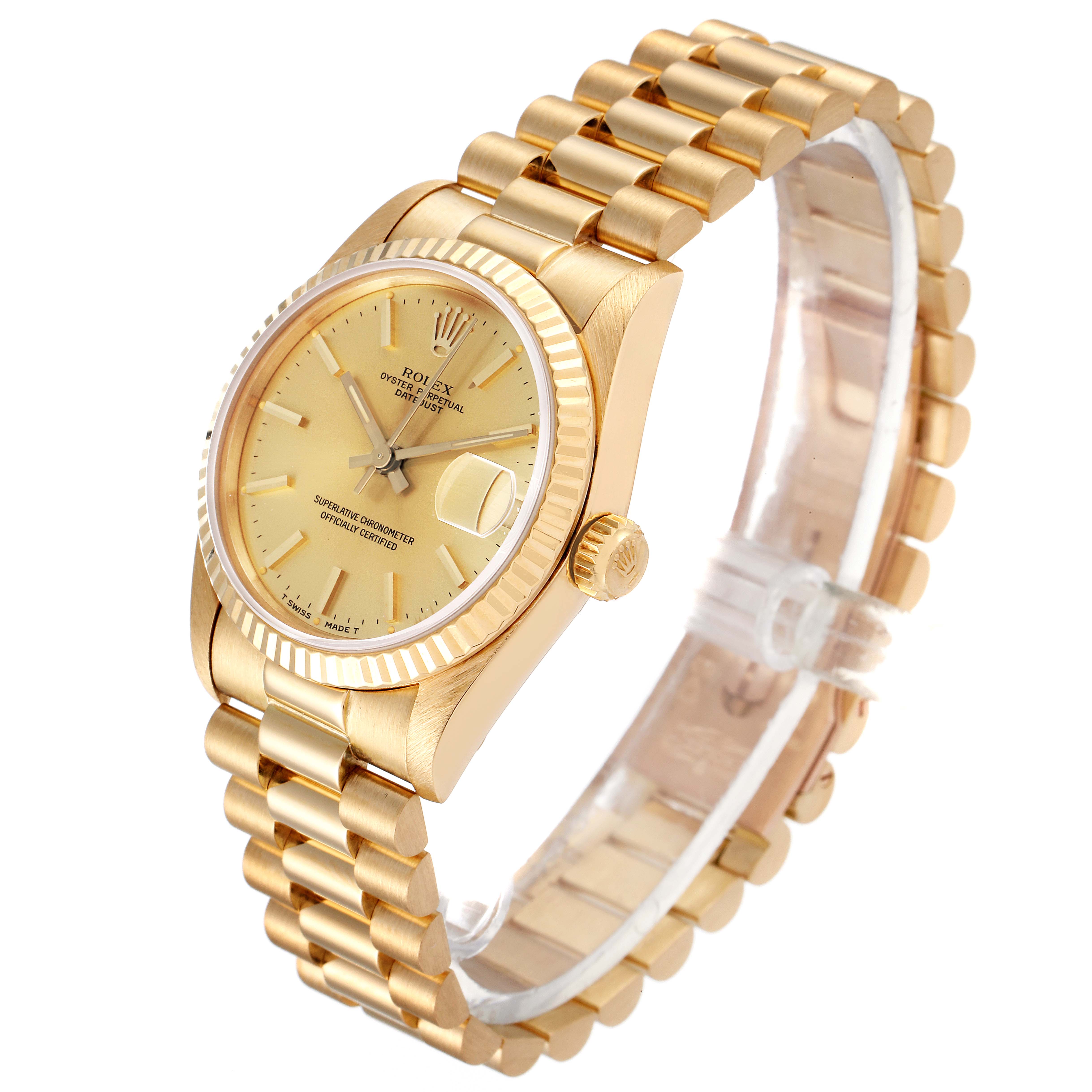 This image shows a side and top angle of the Rolex President 68278 Women
s Yellow Gold Champagne Dial 68278 Women
s Yellow Gold Champagne Dial model watch, highlighting its gold bracelet, dial, and crown.