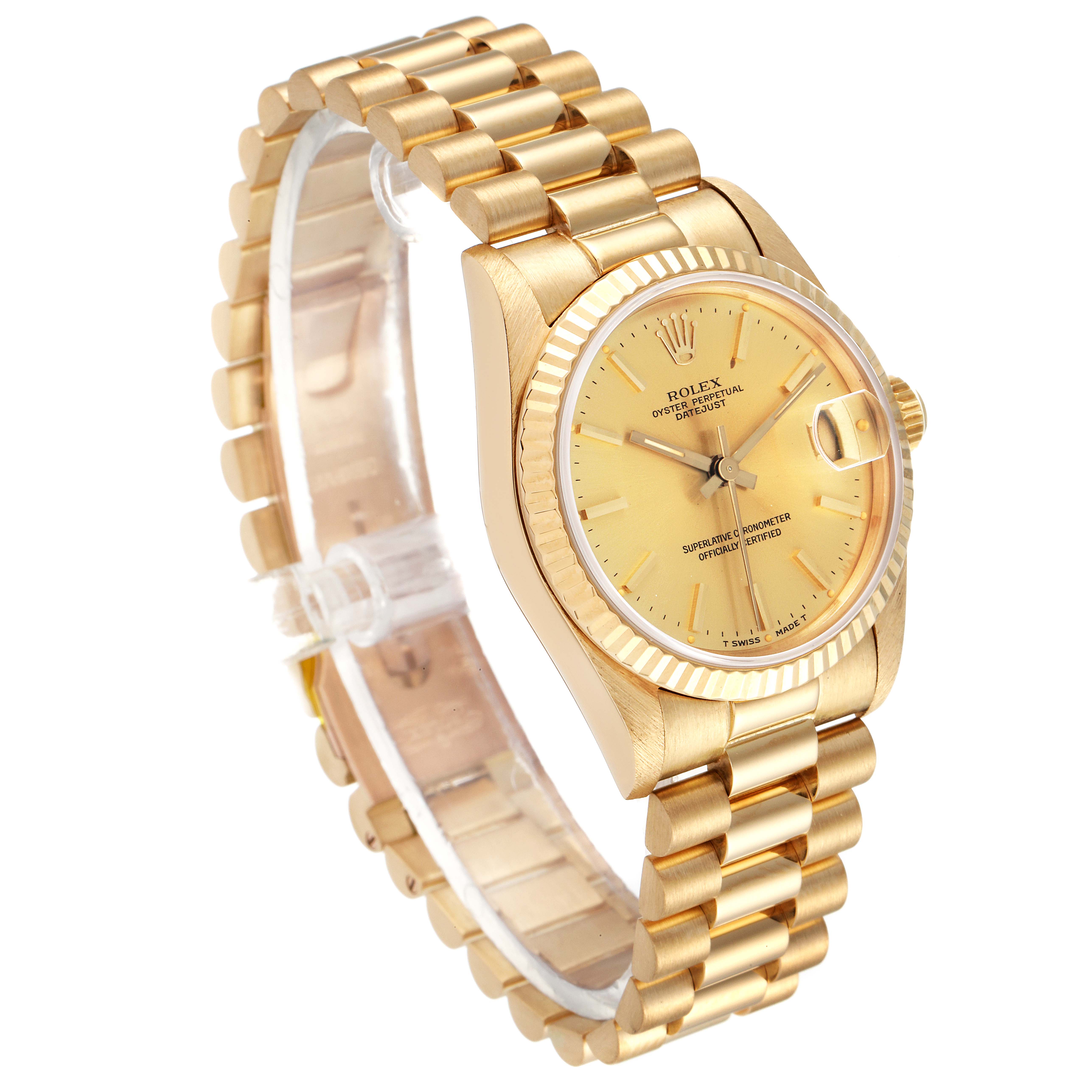 This is an angled view of the Rolex President 68278 Women
s Yellow Gold Champagne Dial 68278 Women
s Yellow Gold Champagne Dial model watch, showing its gold case, dial, and bracelet.