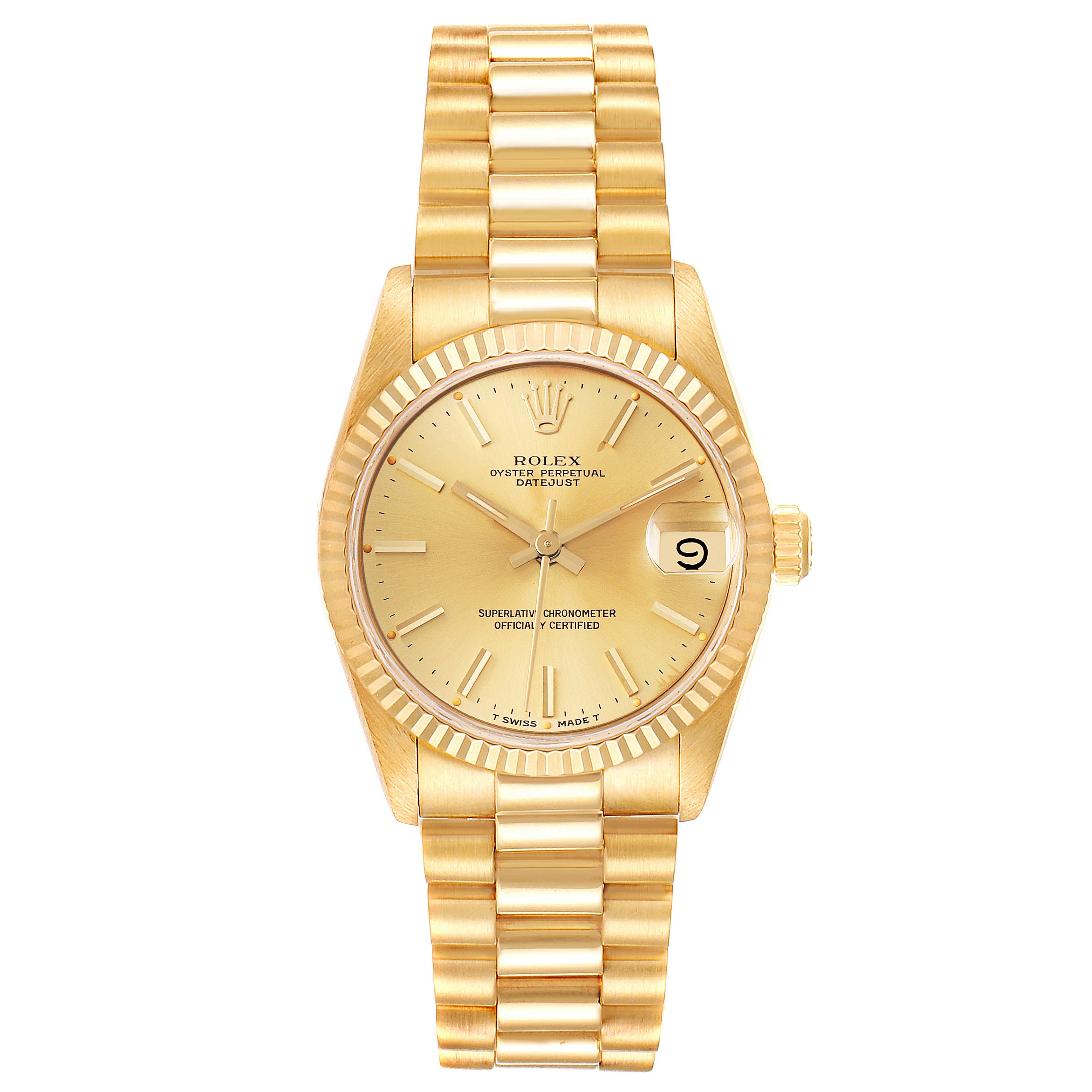 This is a front view of a Rolex President 68278 Women
s Yellow Gold Champagne Dial 68278 Women
s Yellow Gold Champagne Dial model watch, showing the dial, bezel, and bracelet.