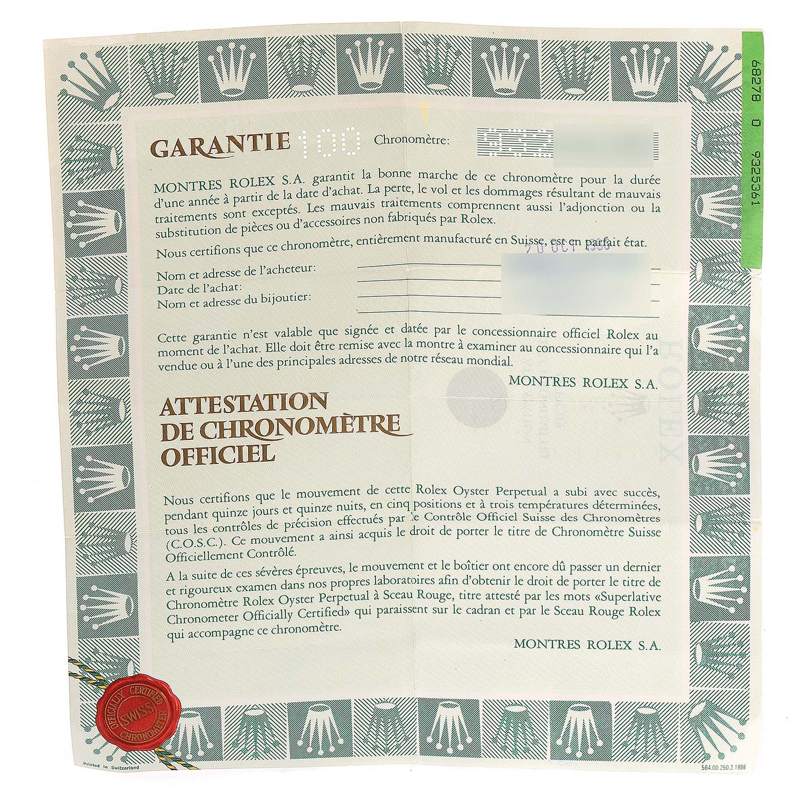 The image shows a Rolex warranty certificate with the brand
s logo and text in French, for a President model by Rolex.