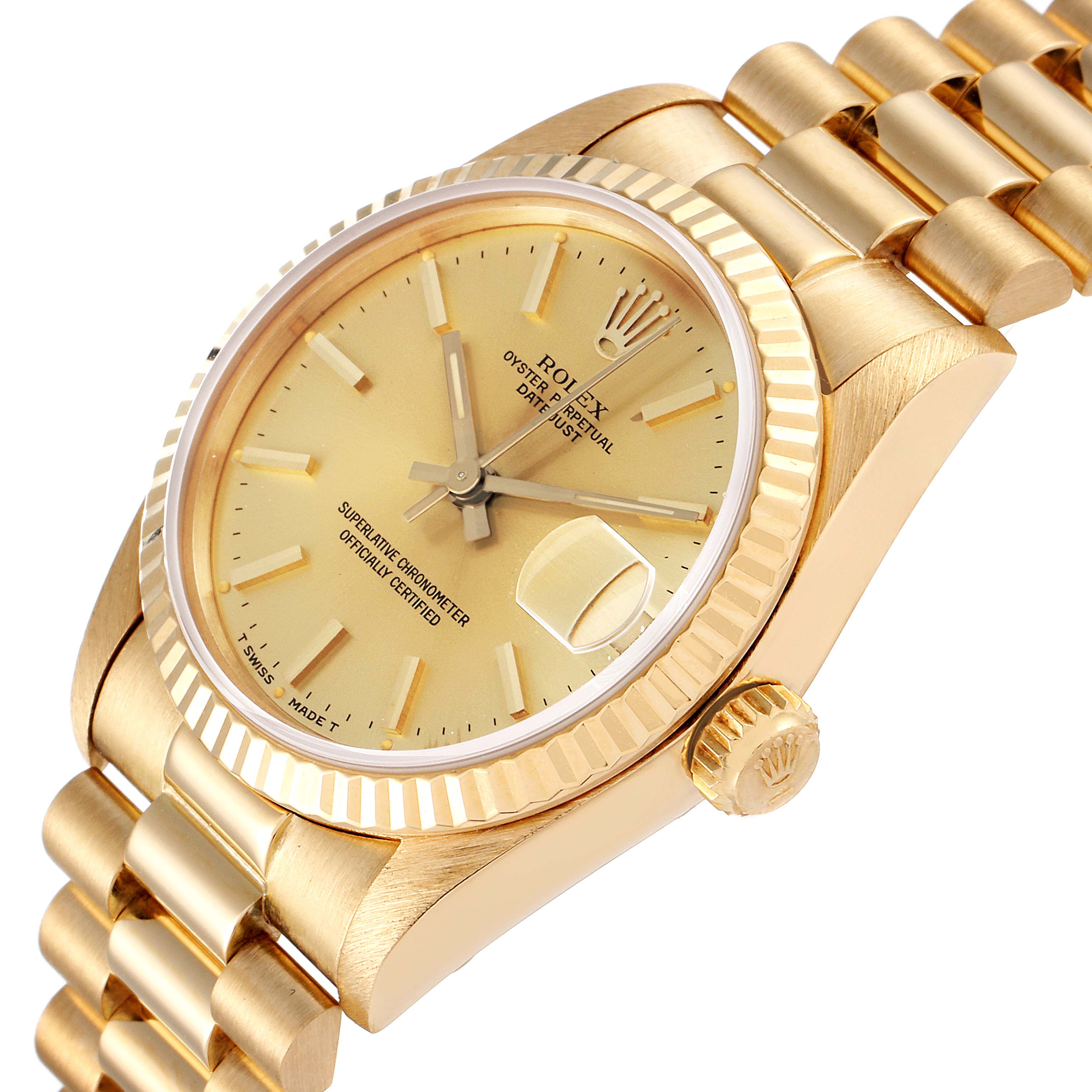The image shows an angled close-up view of the Rolex President 68278 Women
s Yellow Gold Champagne Dial 68278 Women
s Yellow Gold Champagne Dial model watch, displaying its gold dial, fluted bezel, and part of the bracelet.