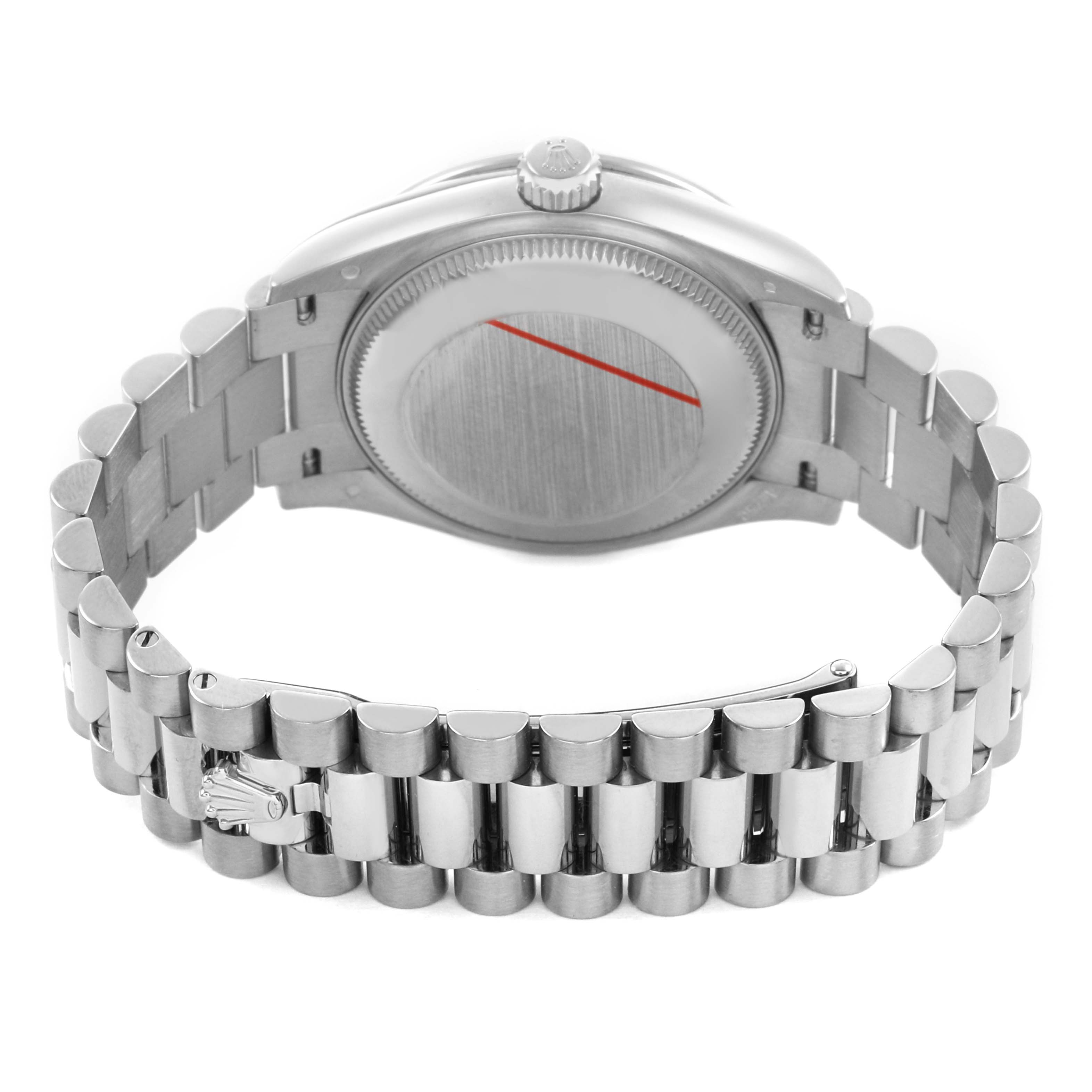 The image shows the back view of a Rolex President 278289 Women's White Gold Blue Dial model, highlighting the case back, bracelet, and clasp.